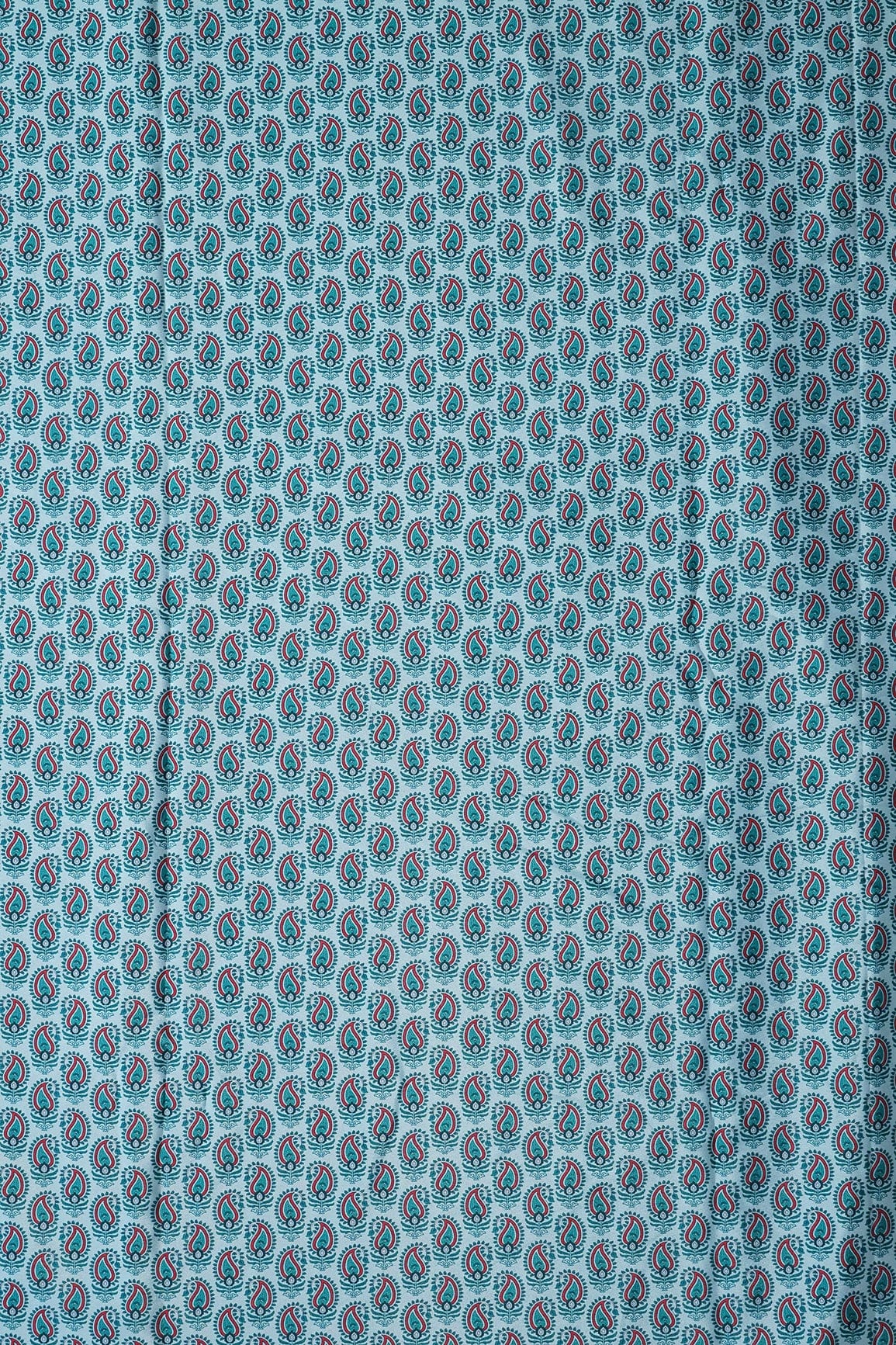 Red And Green Paisley Pattern Digital Print On Light Blue French Crepe Fabric - doeraa