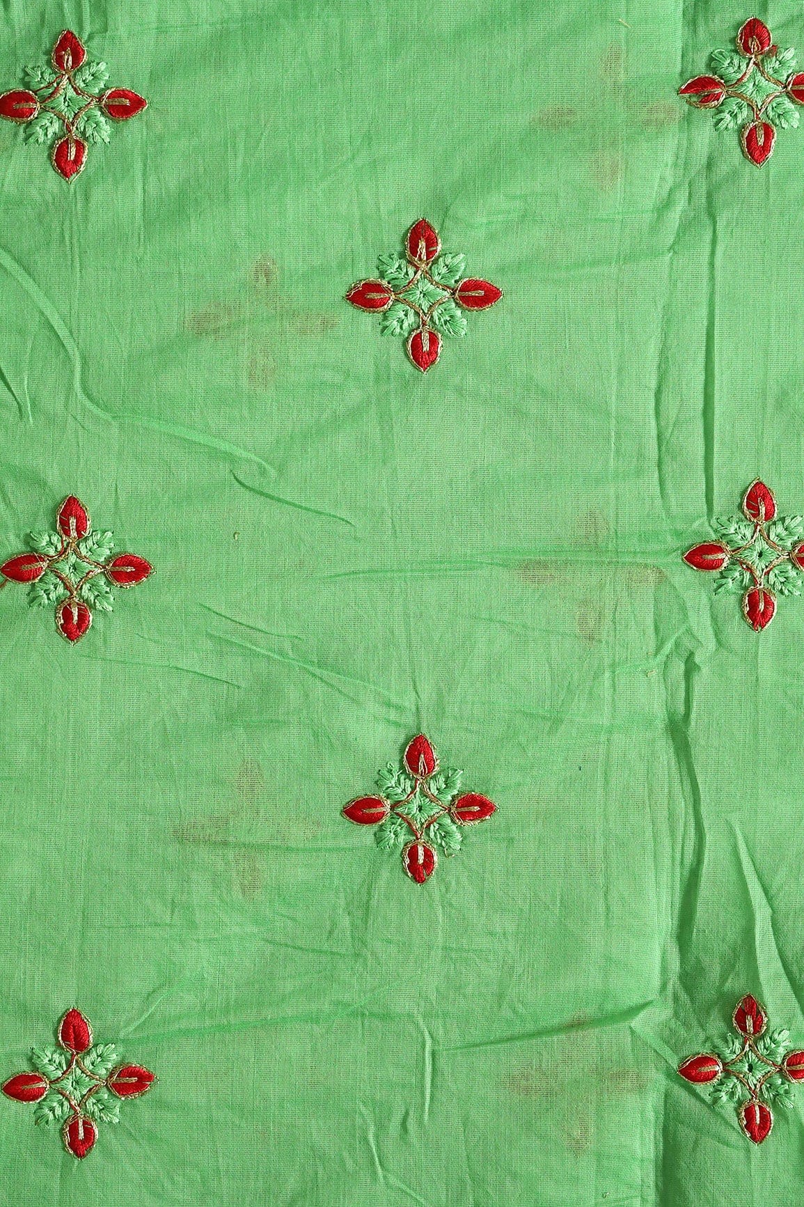 Red And Green Thread With Gold Zari Embroidery Work On Green Chanderi Fabric - doeraa