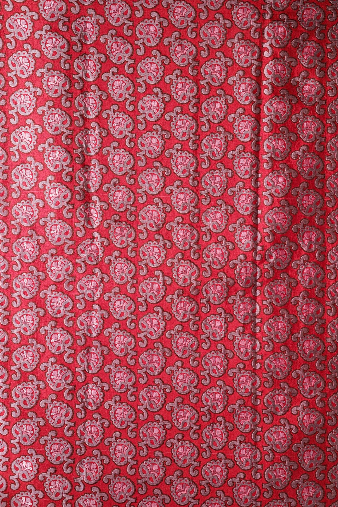 Red And Grey Floral Silk Satin Jute Banarasi Jacquard Fabric - doeraa