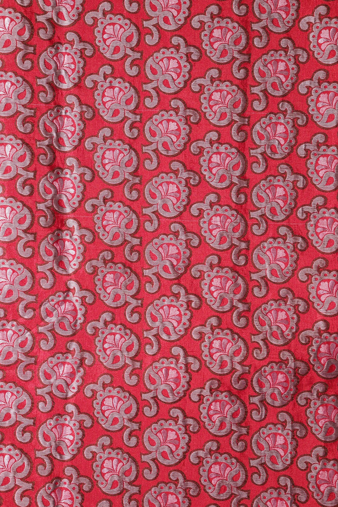 Red And Grey Floral Silk Satin Jute Banarasi Jacquard Fabric - doeraa