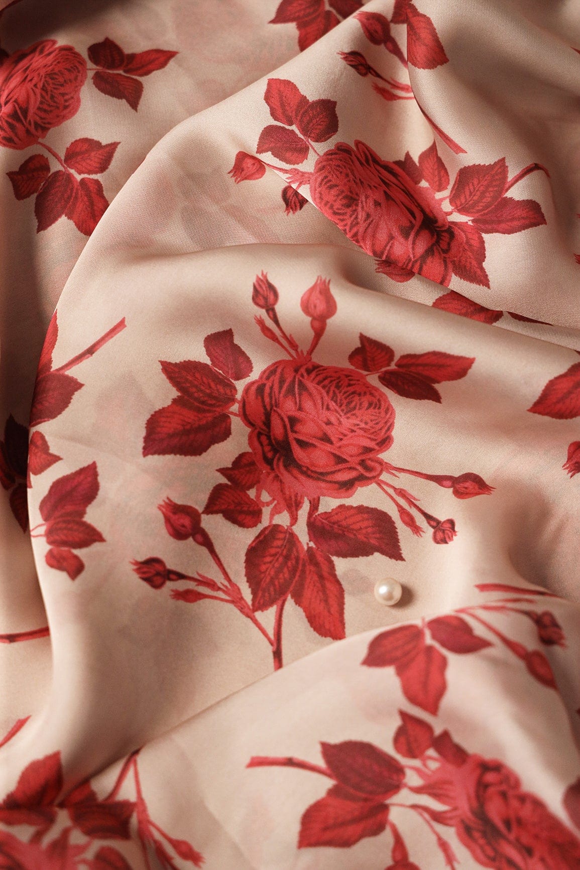 Red And Light Beige Beautiful Floral Pattern Digital Print On Georgette Satin Fabric - doeraa
