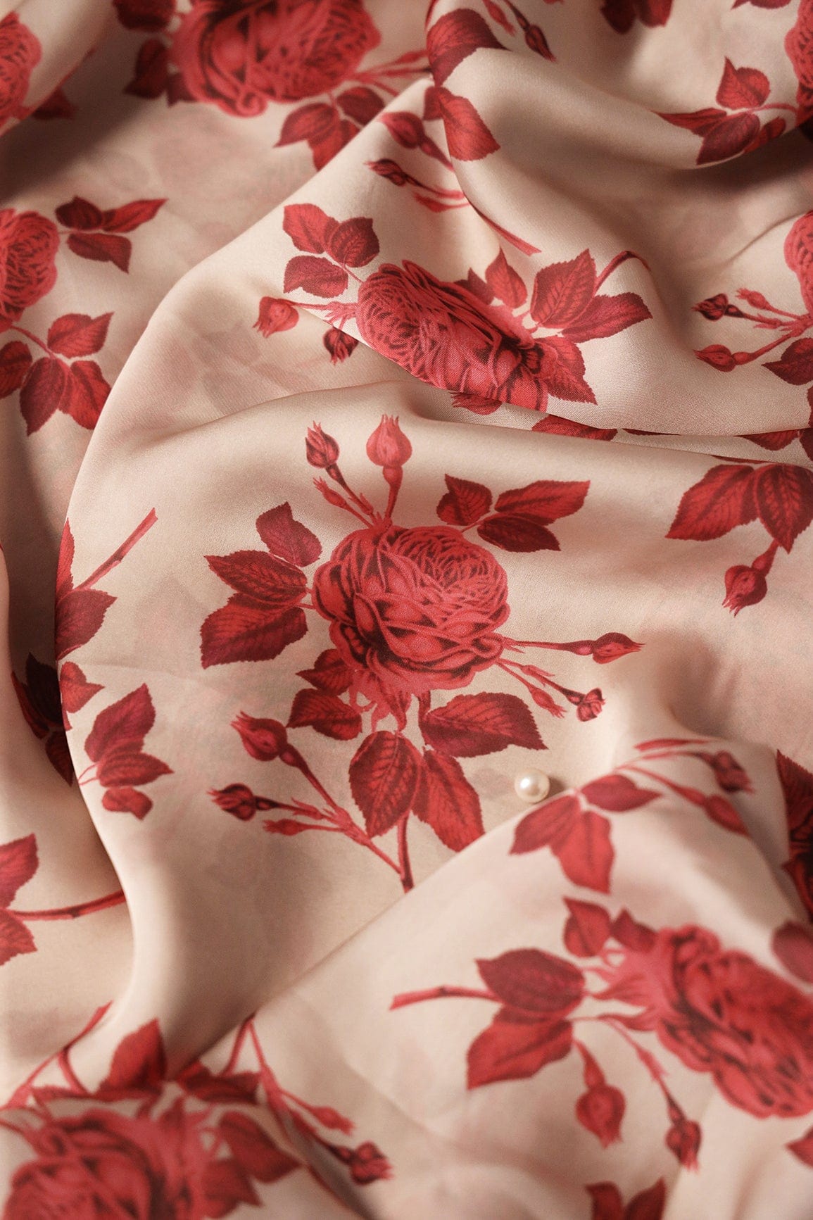 Red And Light Beige Beautiful Floral Pattern Digital Print On Georgette Satin Fabric - doeraa