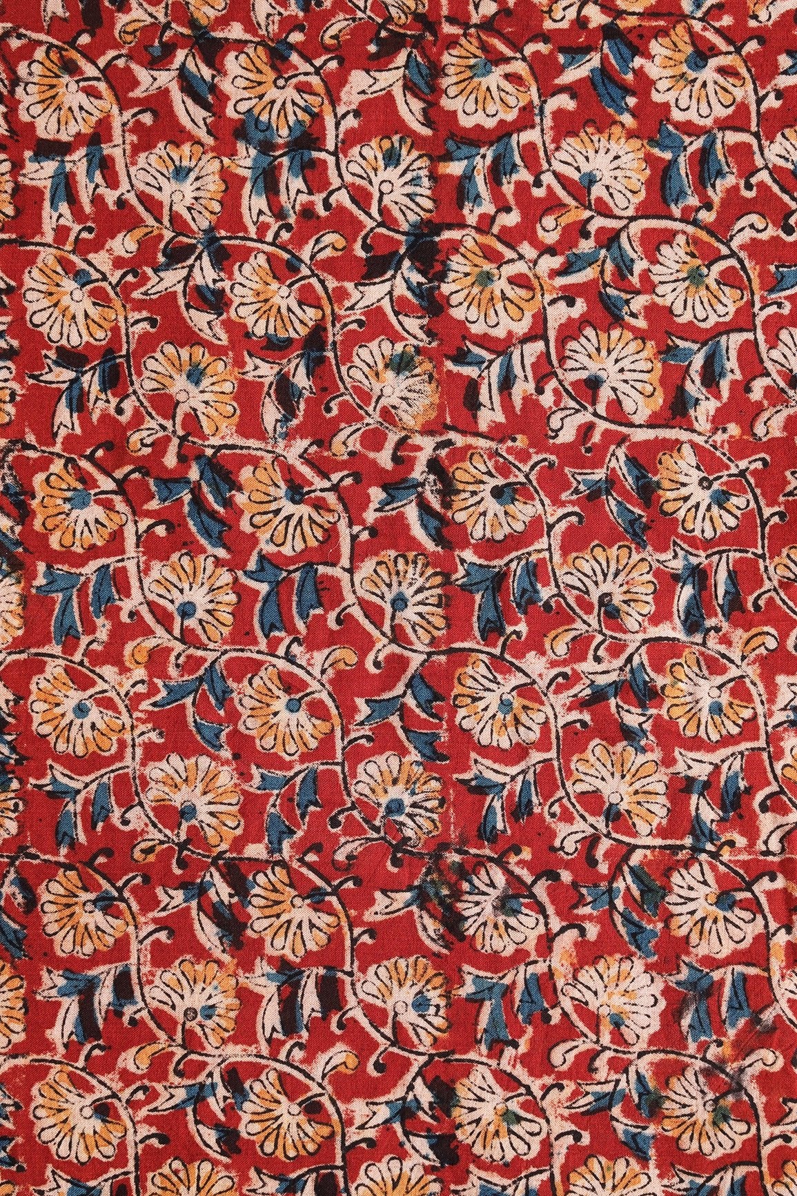 Red And Light Beige Floral Pattern Handblock Kalamkari Organic Cotton Fabric - doeraa