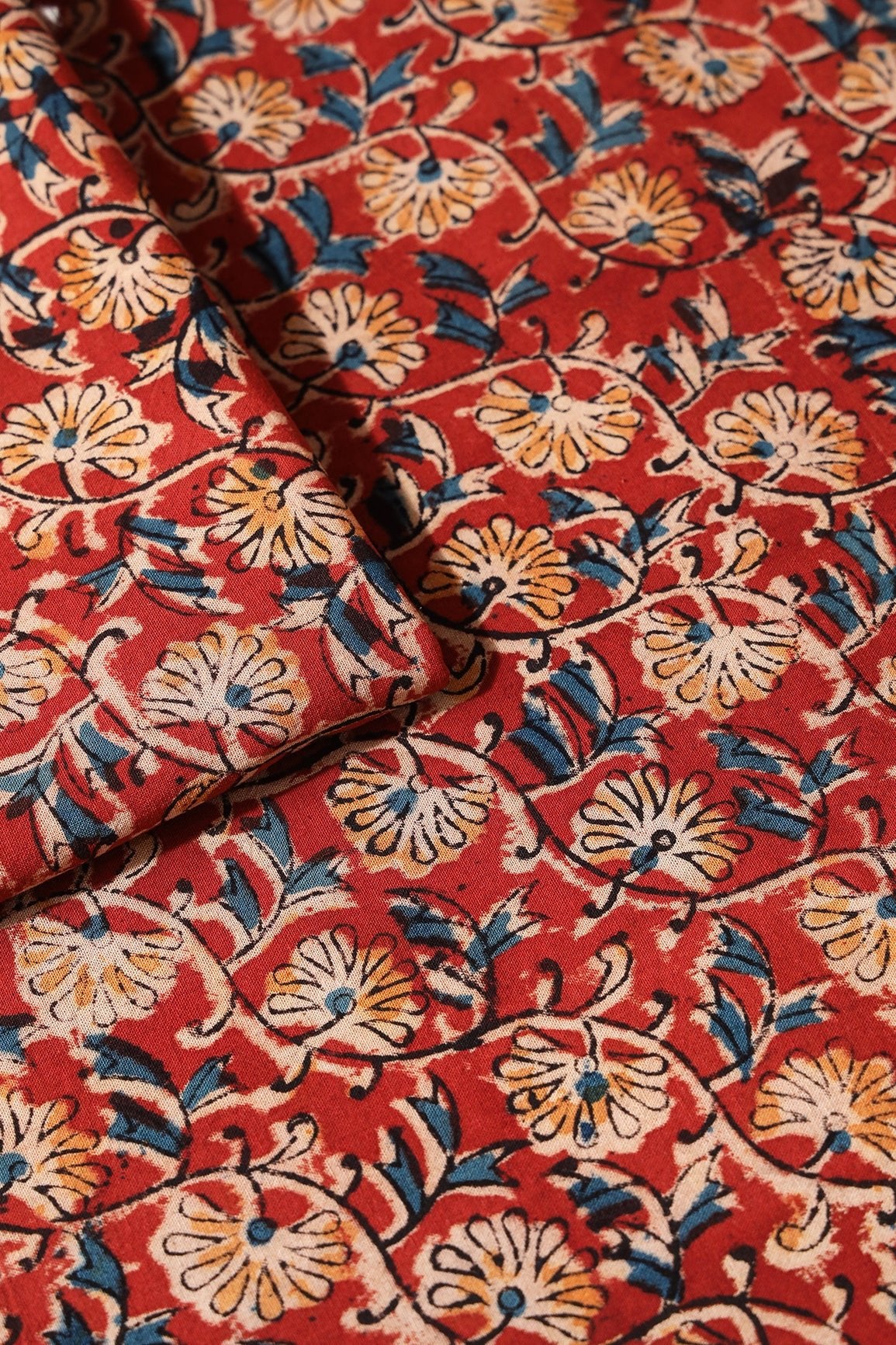 Red And Light Beige Floral Pattern Handblock Kalamkari Organic Cotton Fabric - doeraa