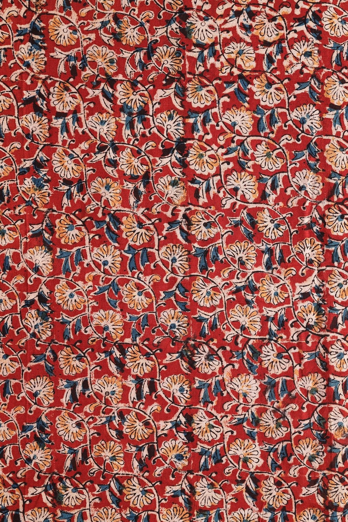 Red And Light Beige Floral Pattern Handblock Kalamkari Organic Cotton Fabric - doeraa