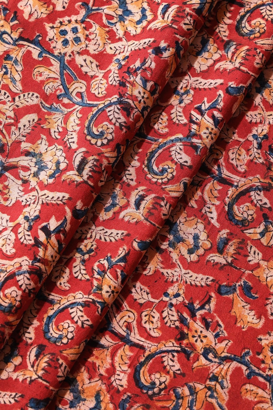 Red And Light Beige Paisley Pattern Handblock Kalamkari Organic Cotton Fabric - doeraa