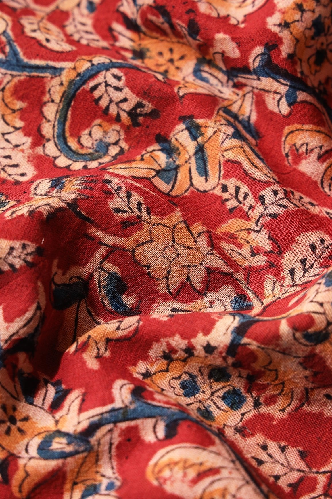 Red And Light Beige Paisley Pattern Handblock Kalamkari Organic Cotton Fabric - doeraa