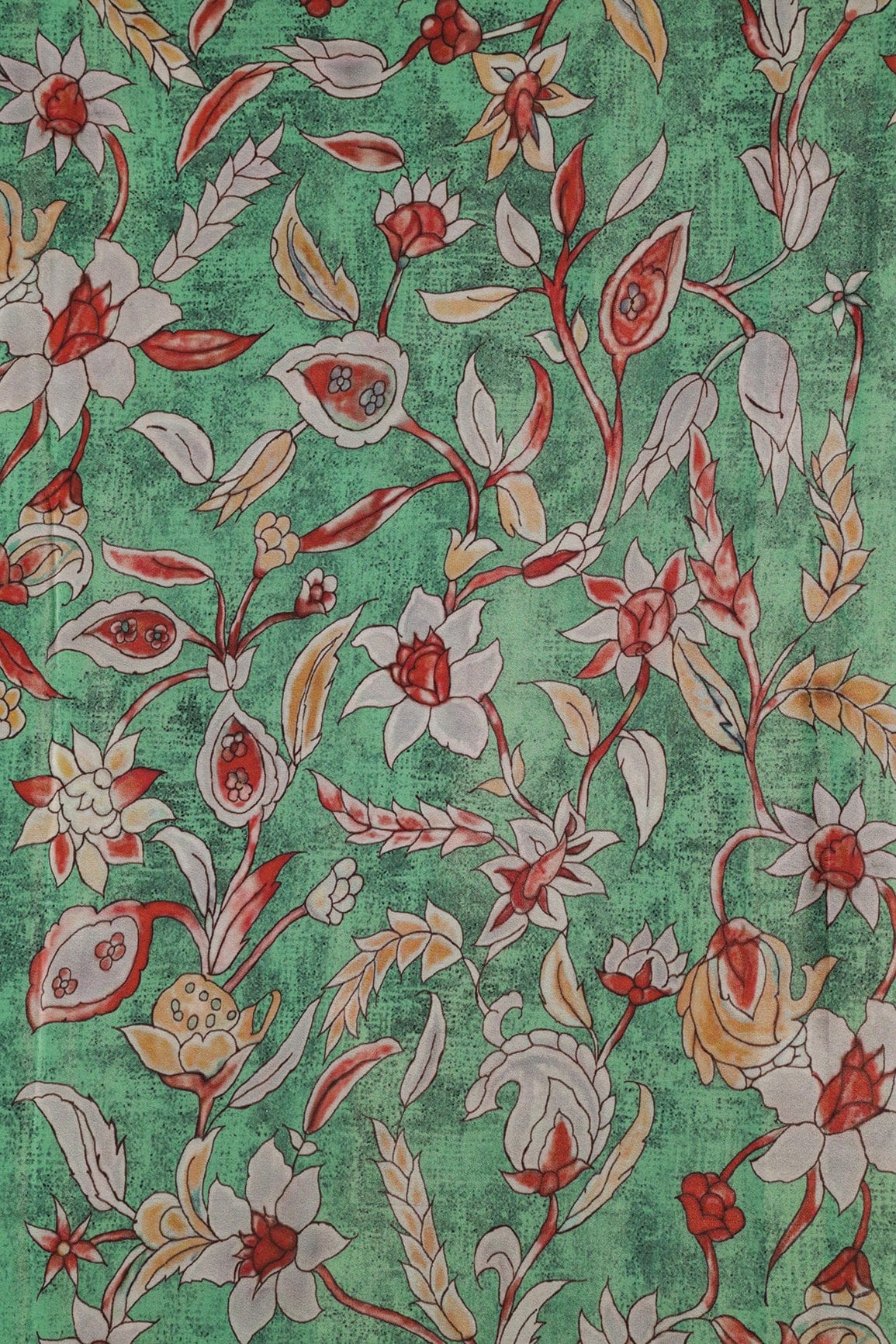 Red And Light Grey Floral Pattern Digital Print On Light Green Crepe Fabric - doeraa