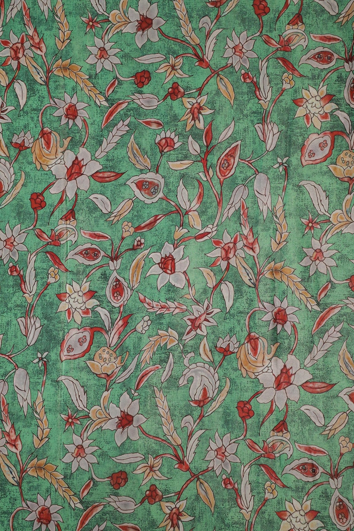 Red And Light Grey Floral Pattern Digital Print On Light Green Crepe Fabric - doeraa
