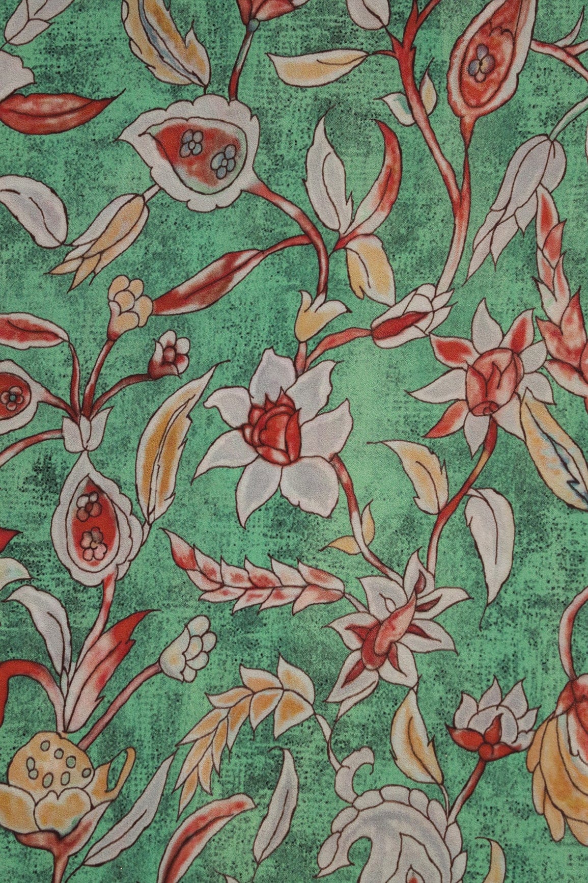 Red And Light Grey Floral Pattern Digital Print On Light Green Crepe Fabric - doeraa