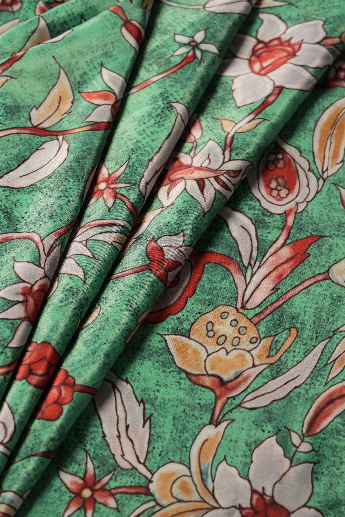Red And Light Grey Floral Pattern Digital Print On Light Green Crepe Fabric - doeraa