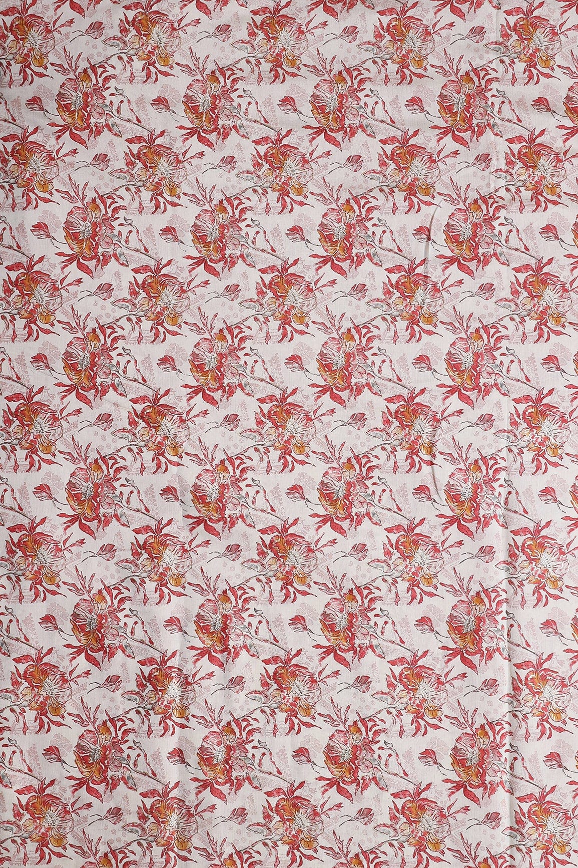 Red And Mustard Floral Foil Print On Off White Viscose Chanderi Silk Fabric - doeraa