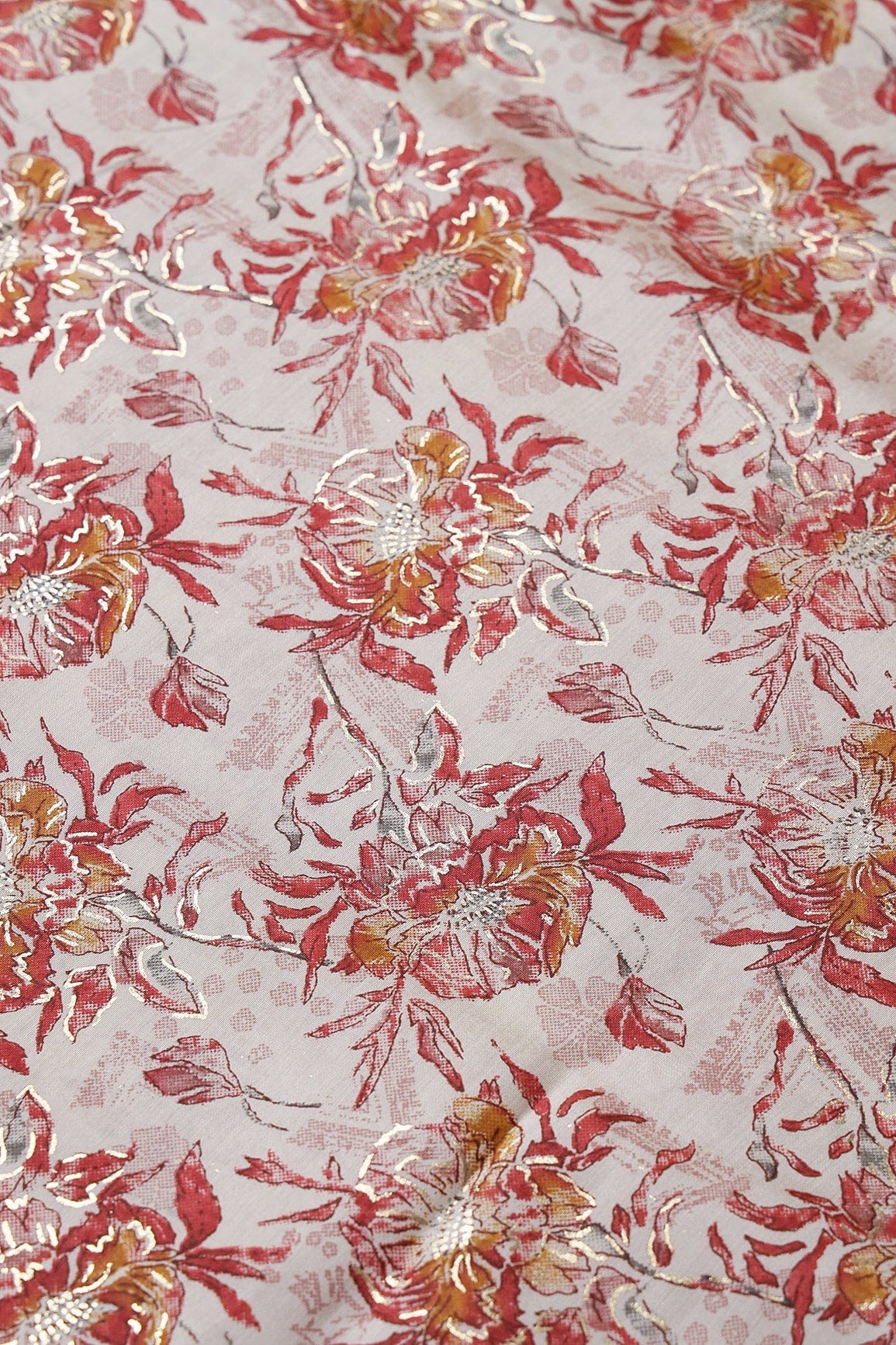 Red And Mustard Floral Foil Print On Off White Viscose Chanderi Silk Fabric - doeraa