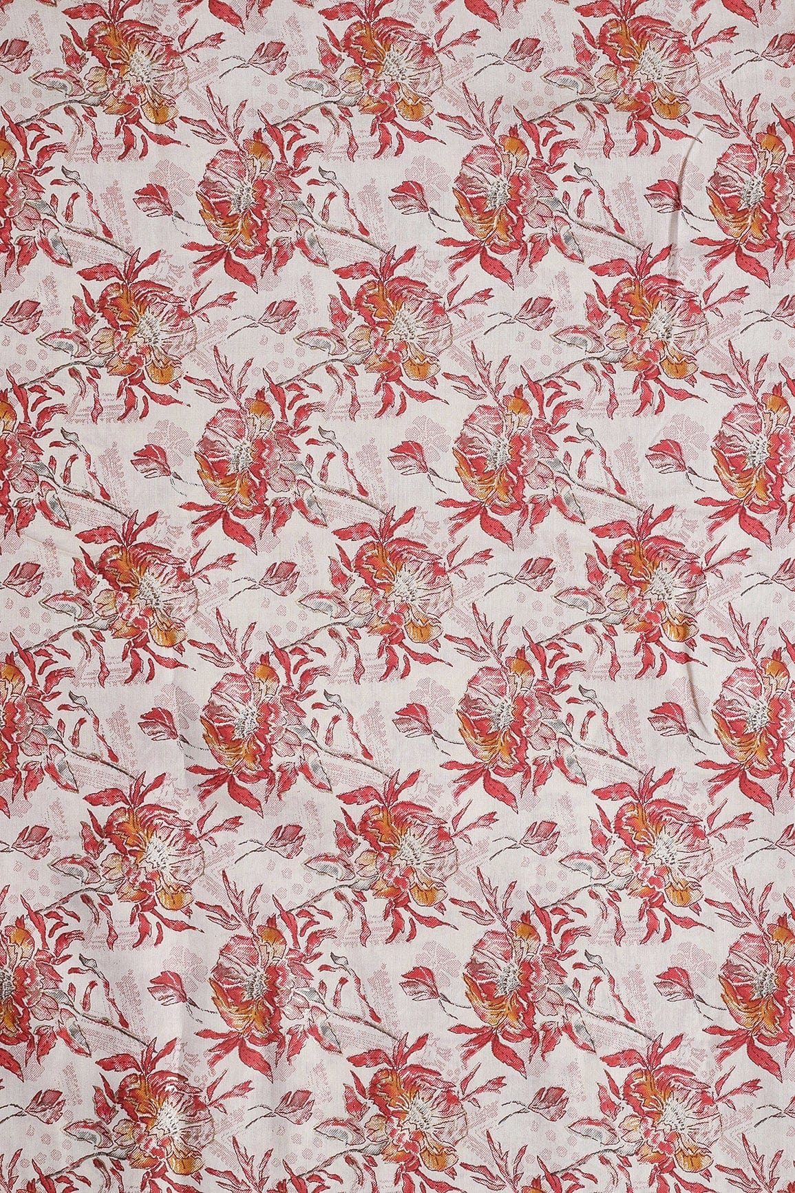 Red And Mustard Floral Foil Print On Off White Viscose Chanderi Silk Fabric - doeraa
