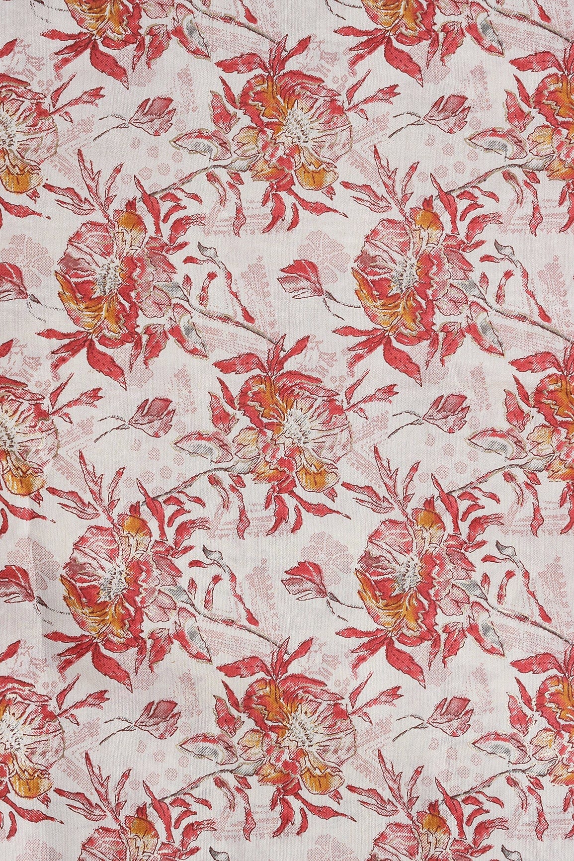 Red And Mustard Floral Foil Print On Off White Viscose Chanderi Silk Fabric - doeraa