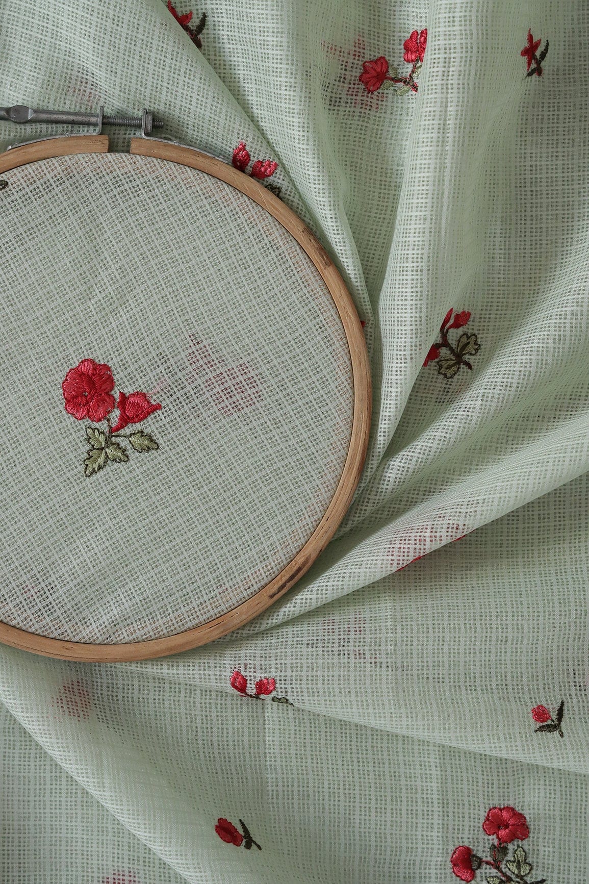 Red And Olive Thread Beautiful Small Floral Booti Embroidery Work On Pastel Olive Kota Doria Net Fabric - doeraa