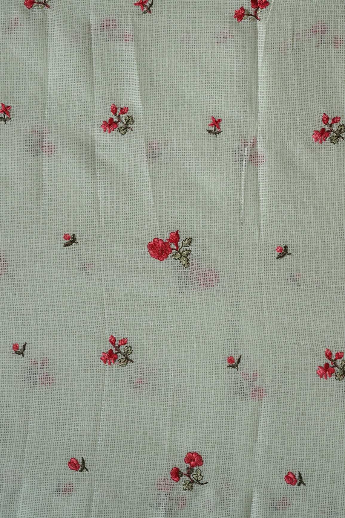 Red And Olive Thread Beautiful Small Floral Booti Embroidery Work On Pastel Olive Kota Doria Net Fabric - doeraa
