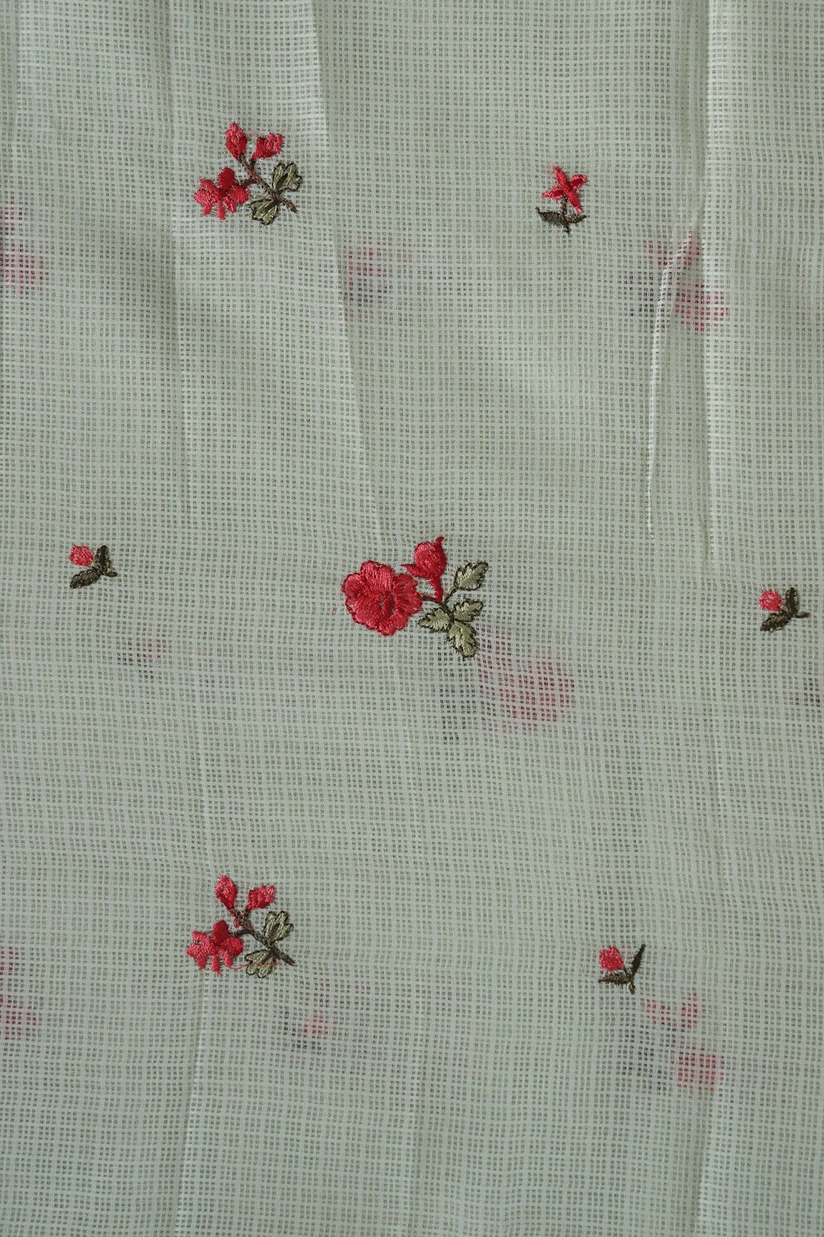 Red And Olive Thread Beautiful Small Floral Booti Embroidery Work On Pastel Olive Kota Doria Net Fabric - doeraa