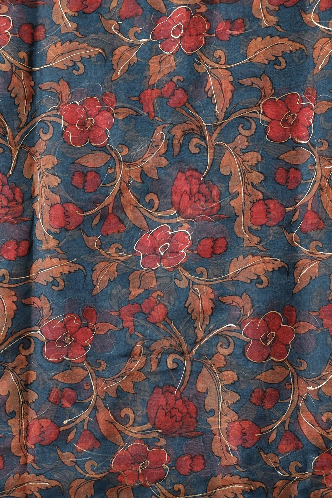 Red And Orange Floral Digital Foil Print On Prussian Blue Organza Fabric - doeraa