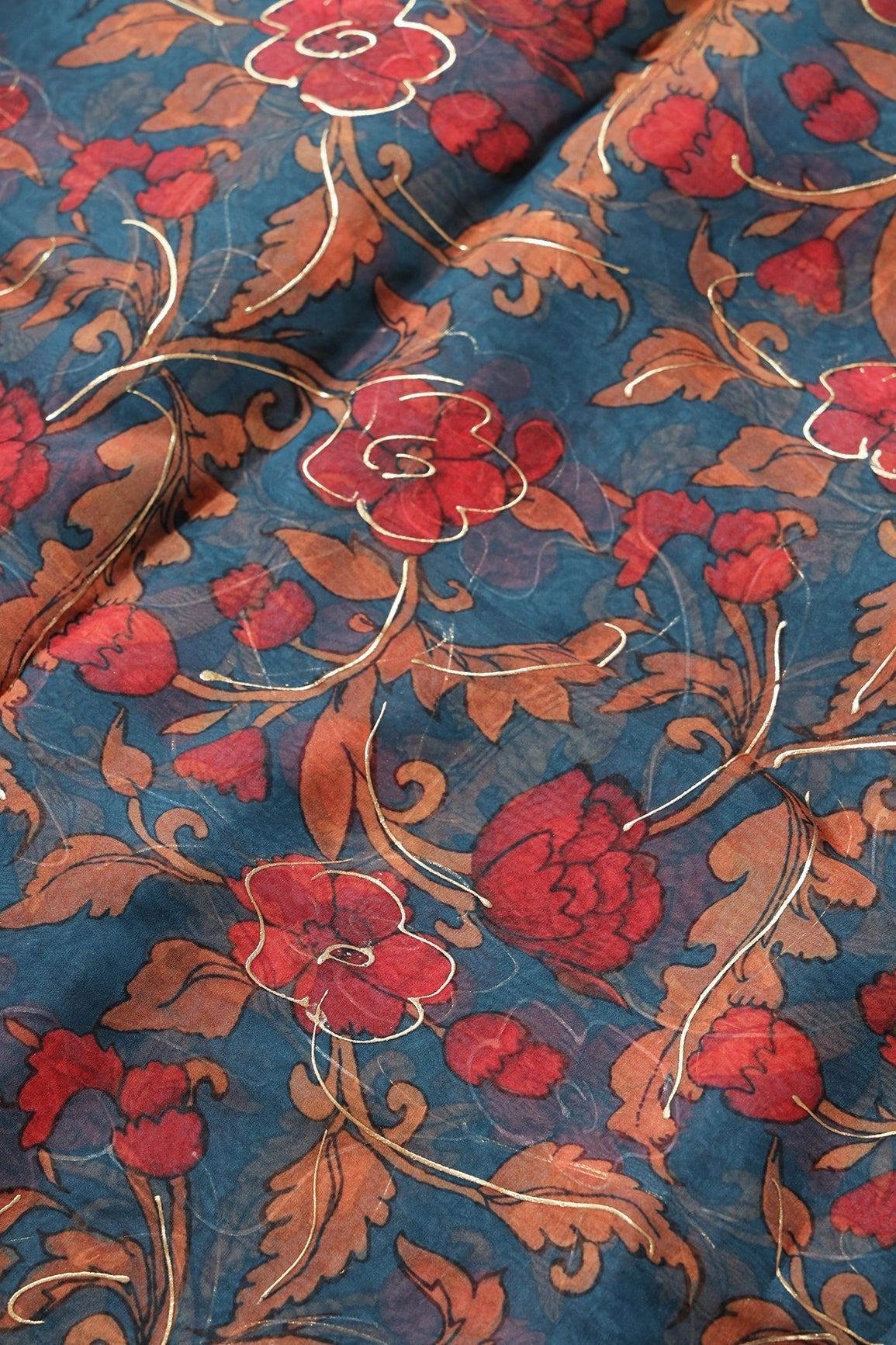 Red And Orange Floral Digital Foil Print On Prussian Blue Organza Fabric - doeraa