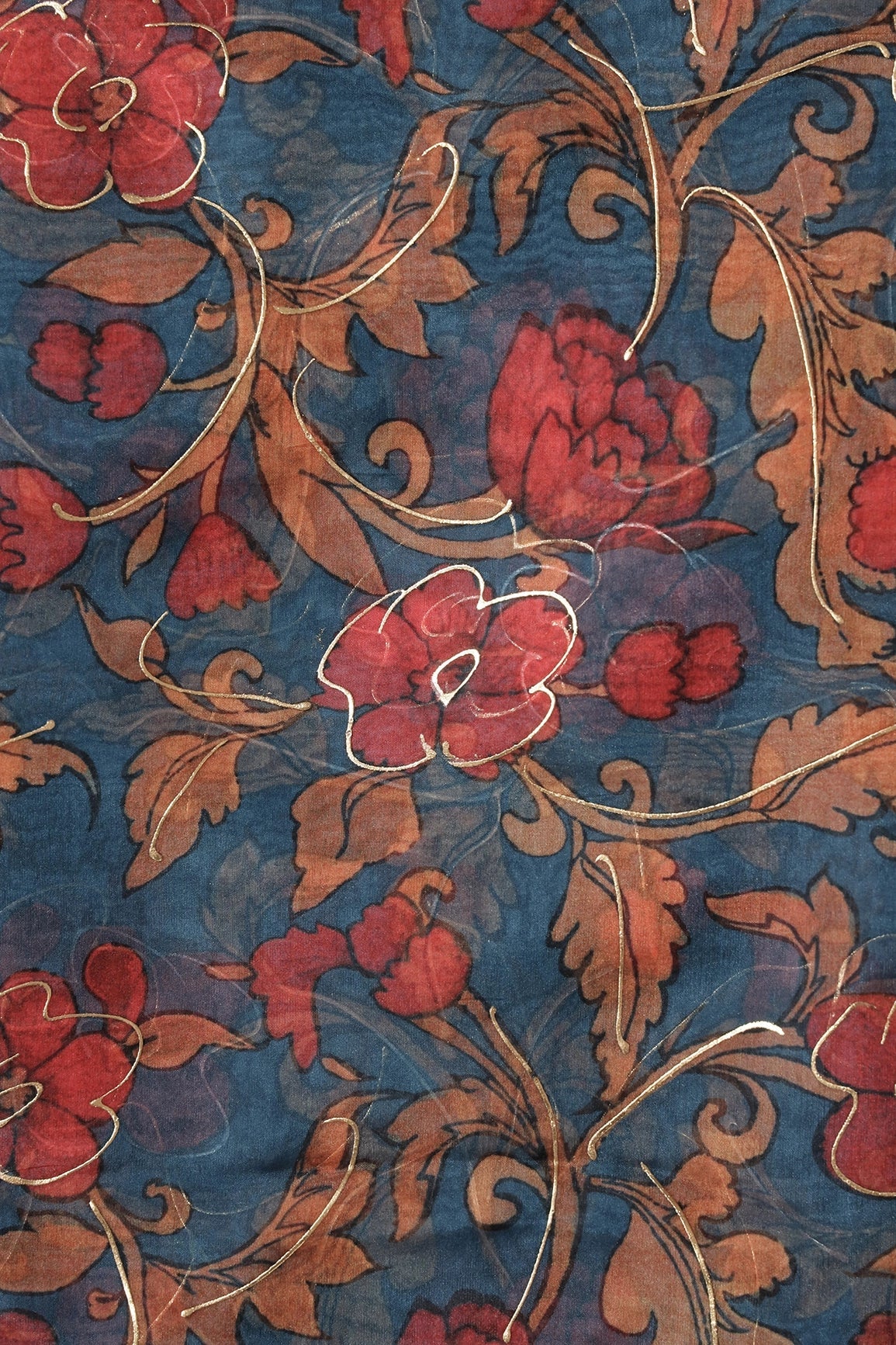 Red And Orange Floral Digital Foil Print On Prussian Blue Organza Fabric - doeraa