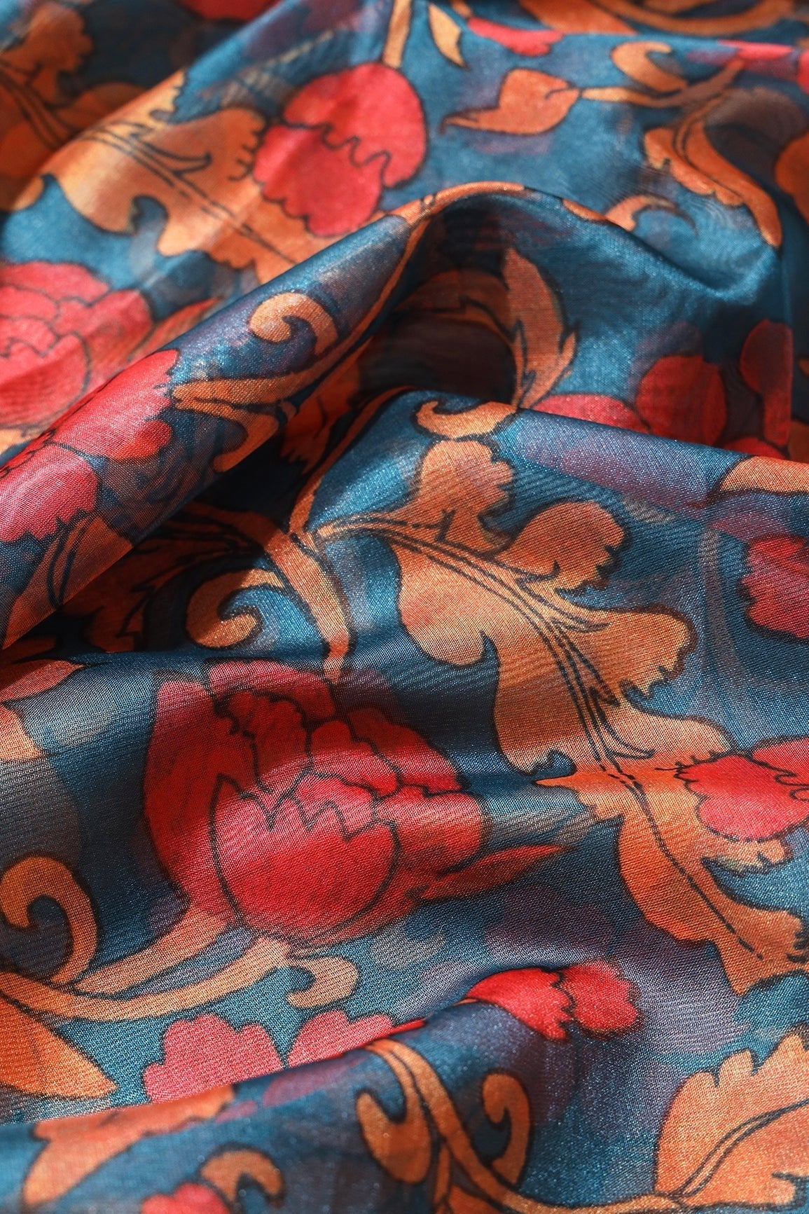 Red And Orange Floral Digital Print On Prussian Blue Organza Fabric - doeraa