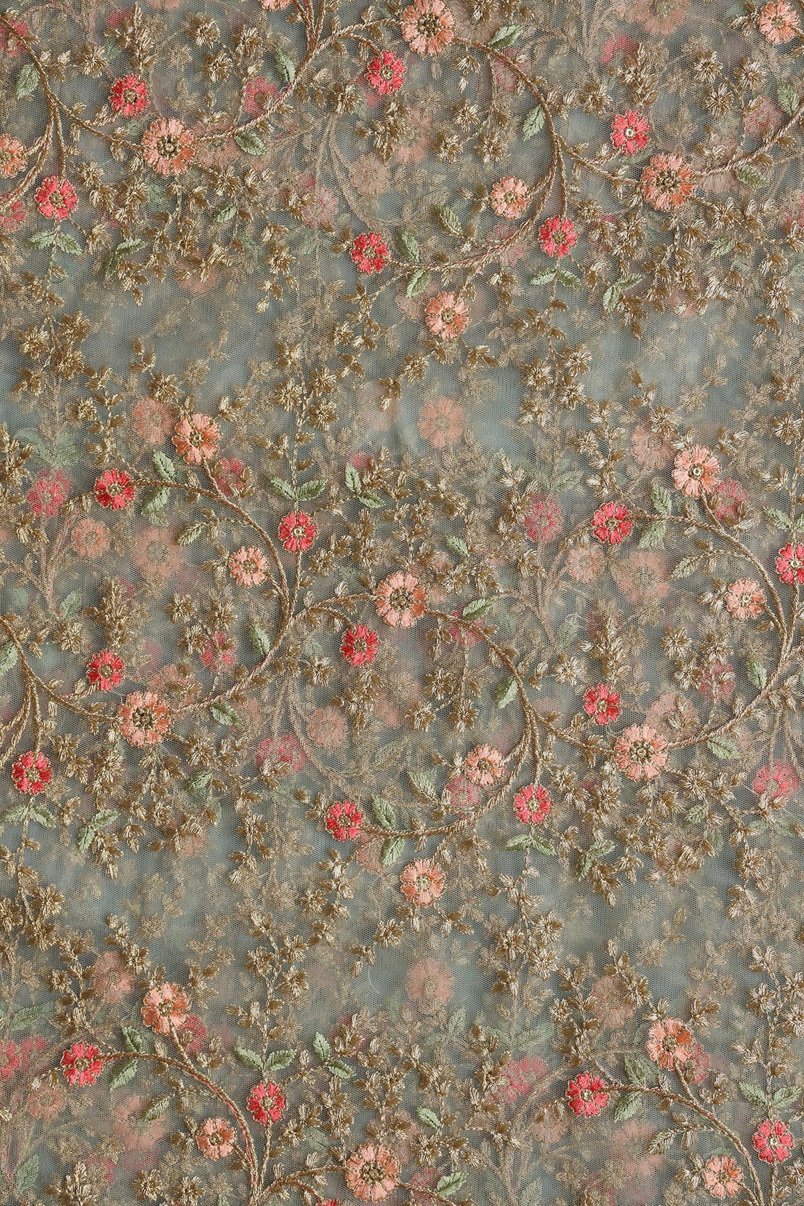 Red And Peach Thread With Gold Zari Floral Embroidery Work On Dusty Olive Soft Net Fabric - doeraa