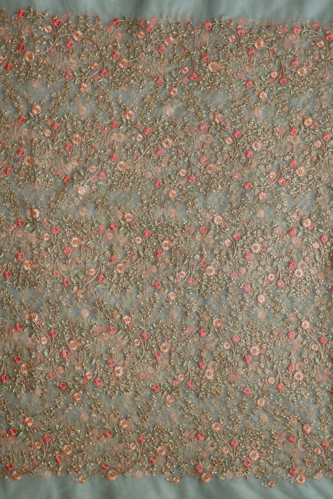 Red And Peach Thread With Gold Zari Floral Embroidery Work On Dusty Olive Soft Net Fabric - doeraa