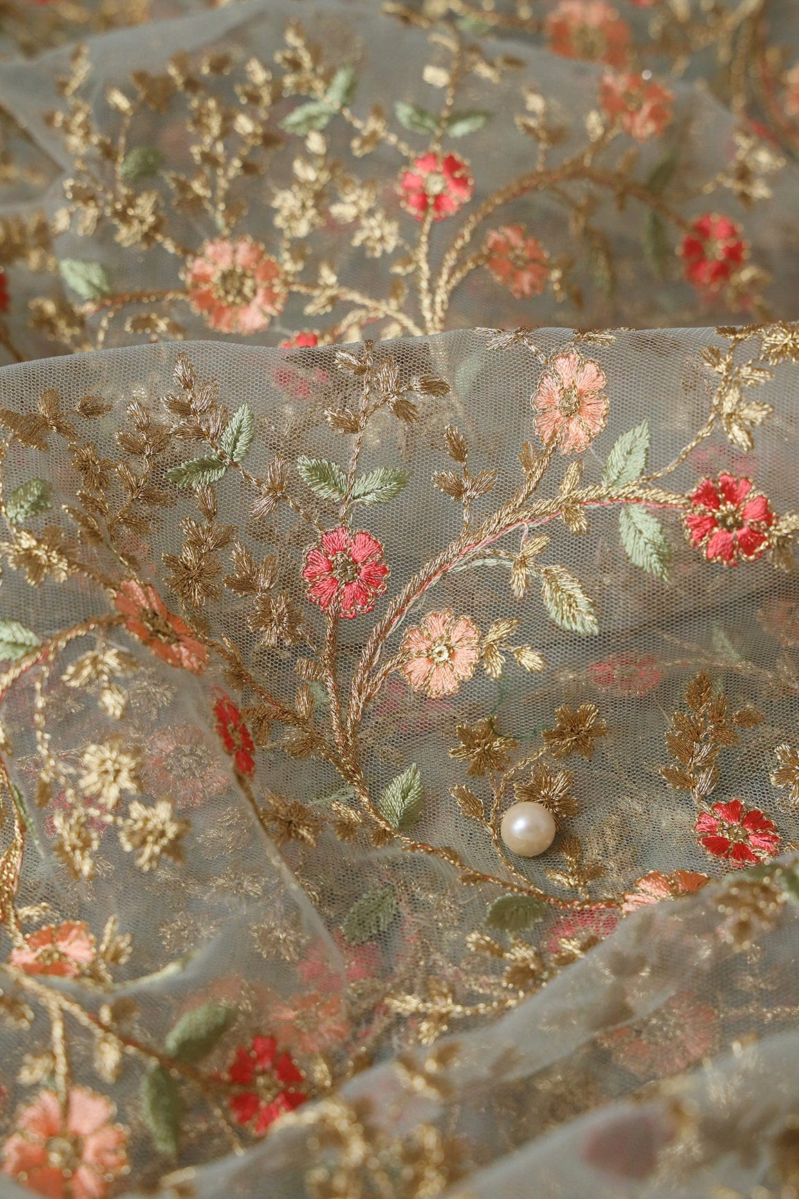 Red And Peach Thread With Gold Zari Floral Embroidery Work On Dusty Olive Soft Net Fabric - doeraa
