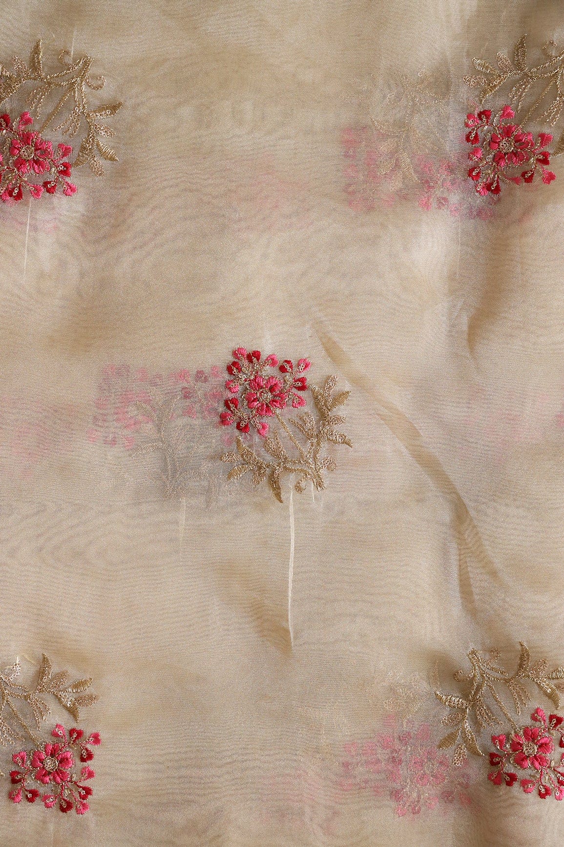 Red And Pink Thread With Gold Sequins Floral Embroidery Work On Beige Tissue Fabric - doeraa