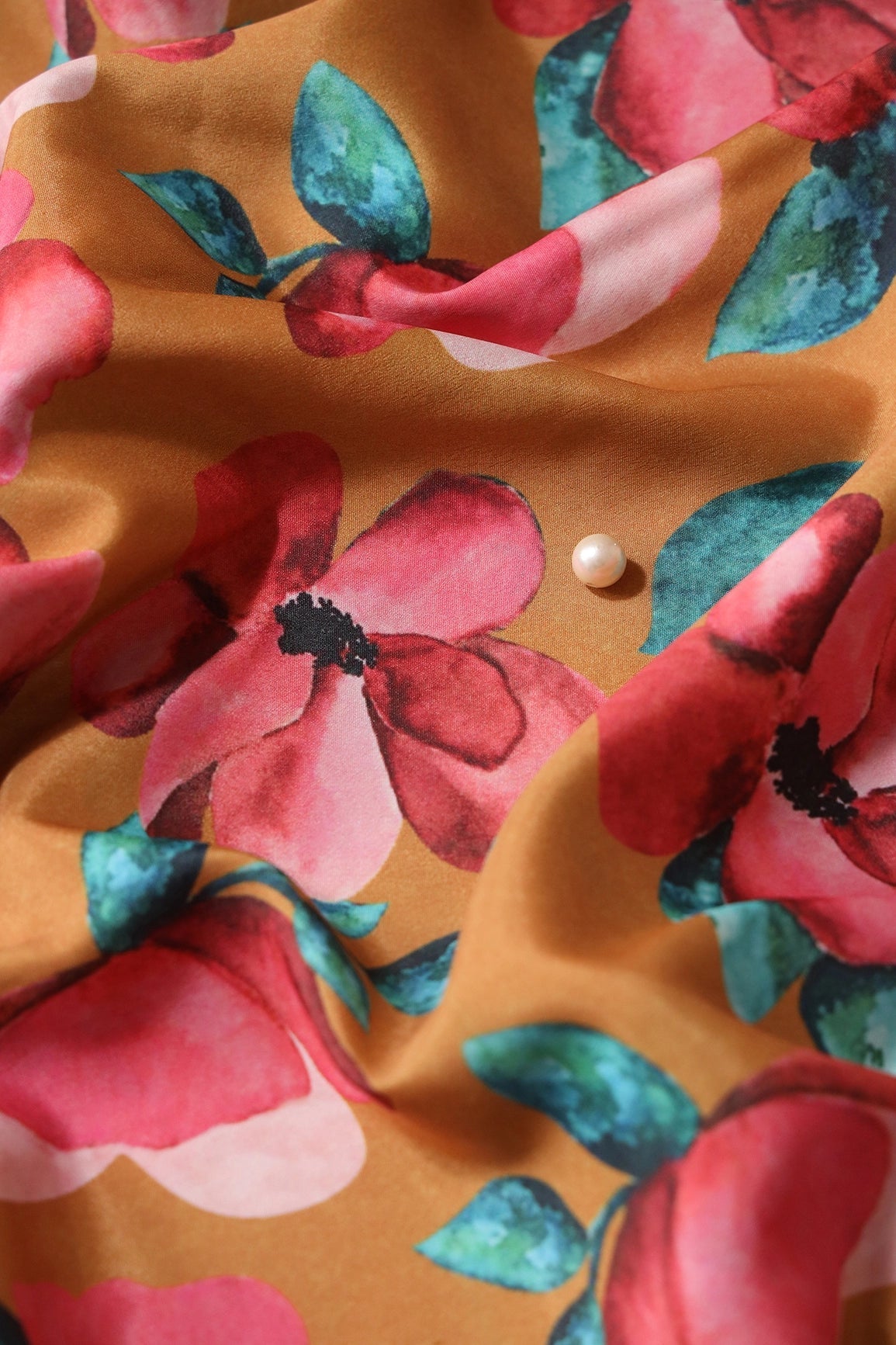 Red And Turquoise Floral Digital Print On Mustard Yellow Crepe Fabric - doeraa