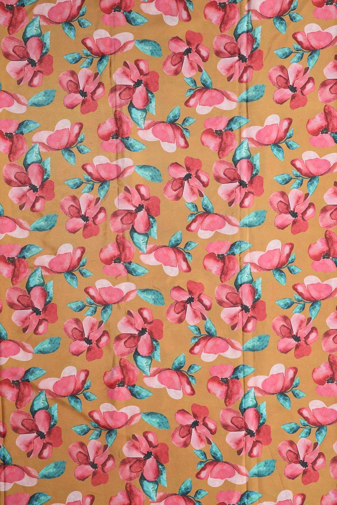 Red And Turquoise Floral Digital Print On Mustard Yellow Crepe Fabric - doeraa