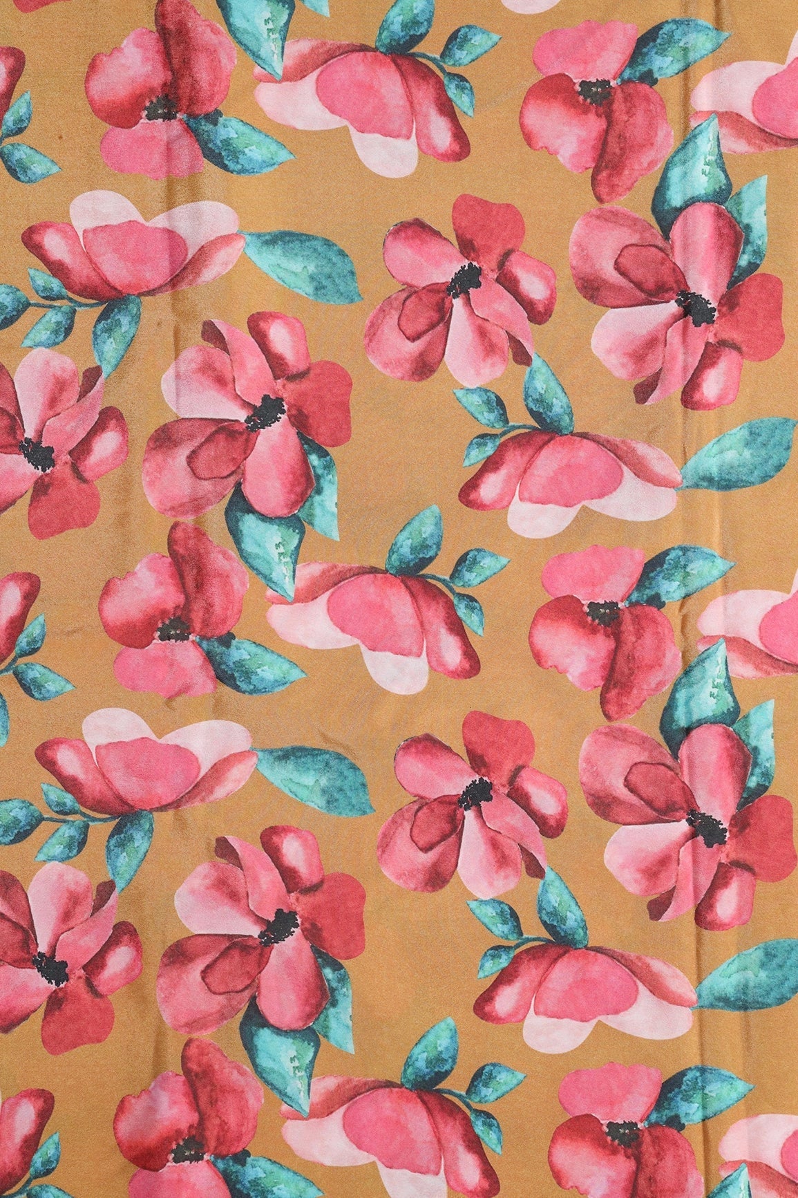 Red And Turquoise Floral Digital Print On Mustard Yellow Crepe Fabric - doeraa