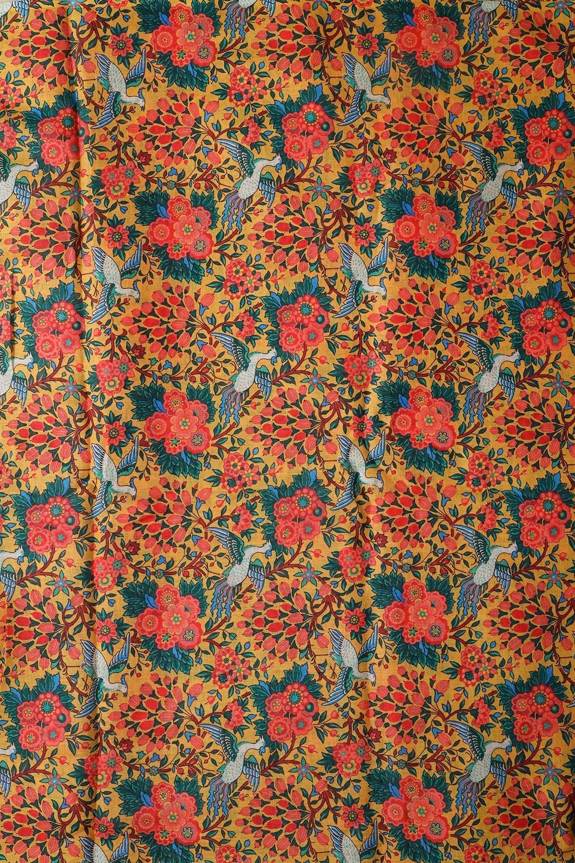 Red And Yellow Floral Digital Print On Poly Linen Fabric - doeraa