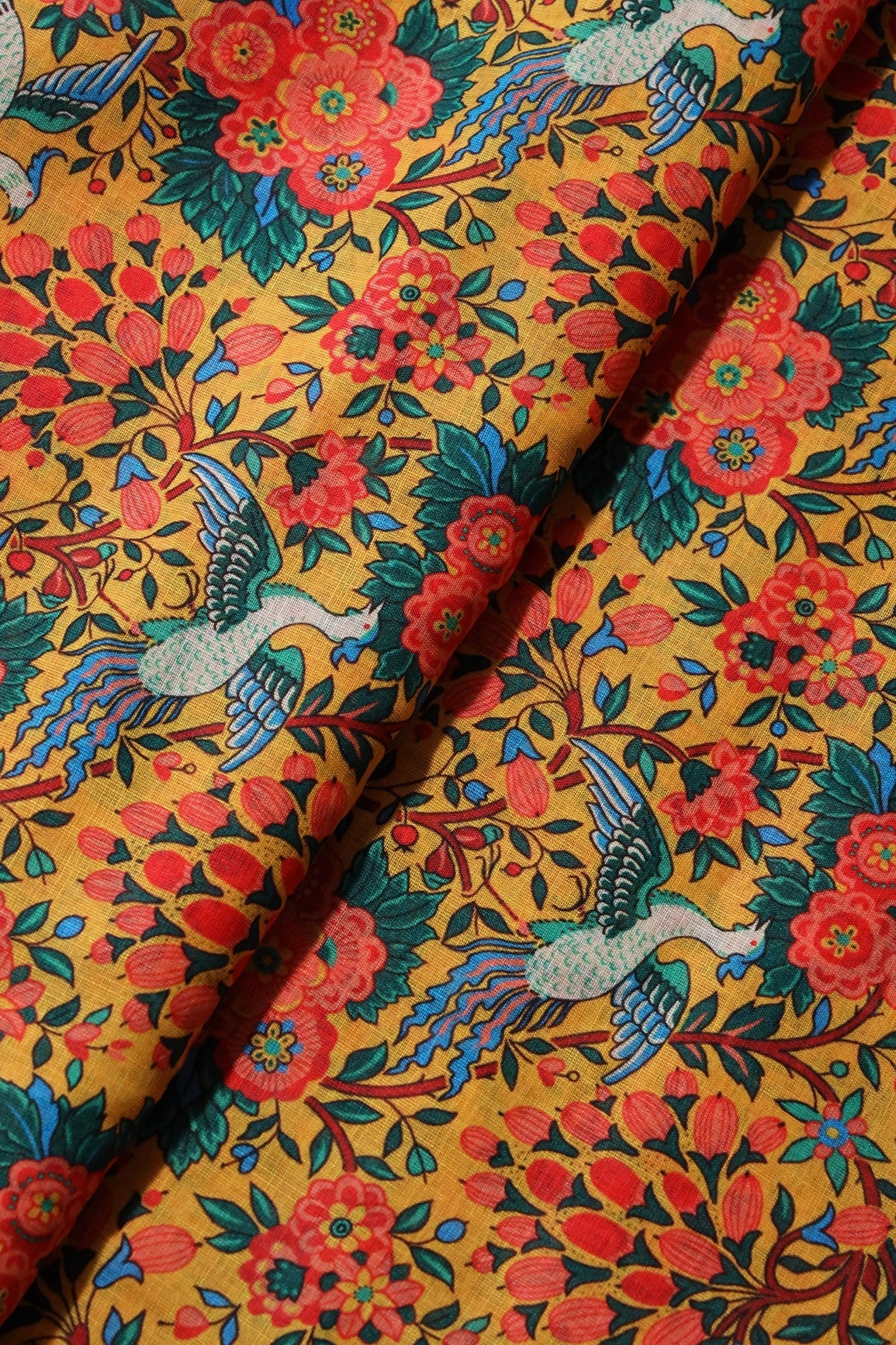 Red And Yellow Floral Digital Print On Poly Linen Fabric - doeraa