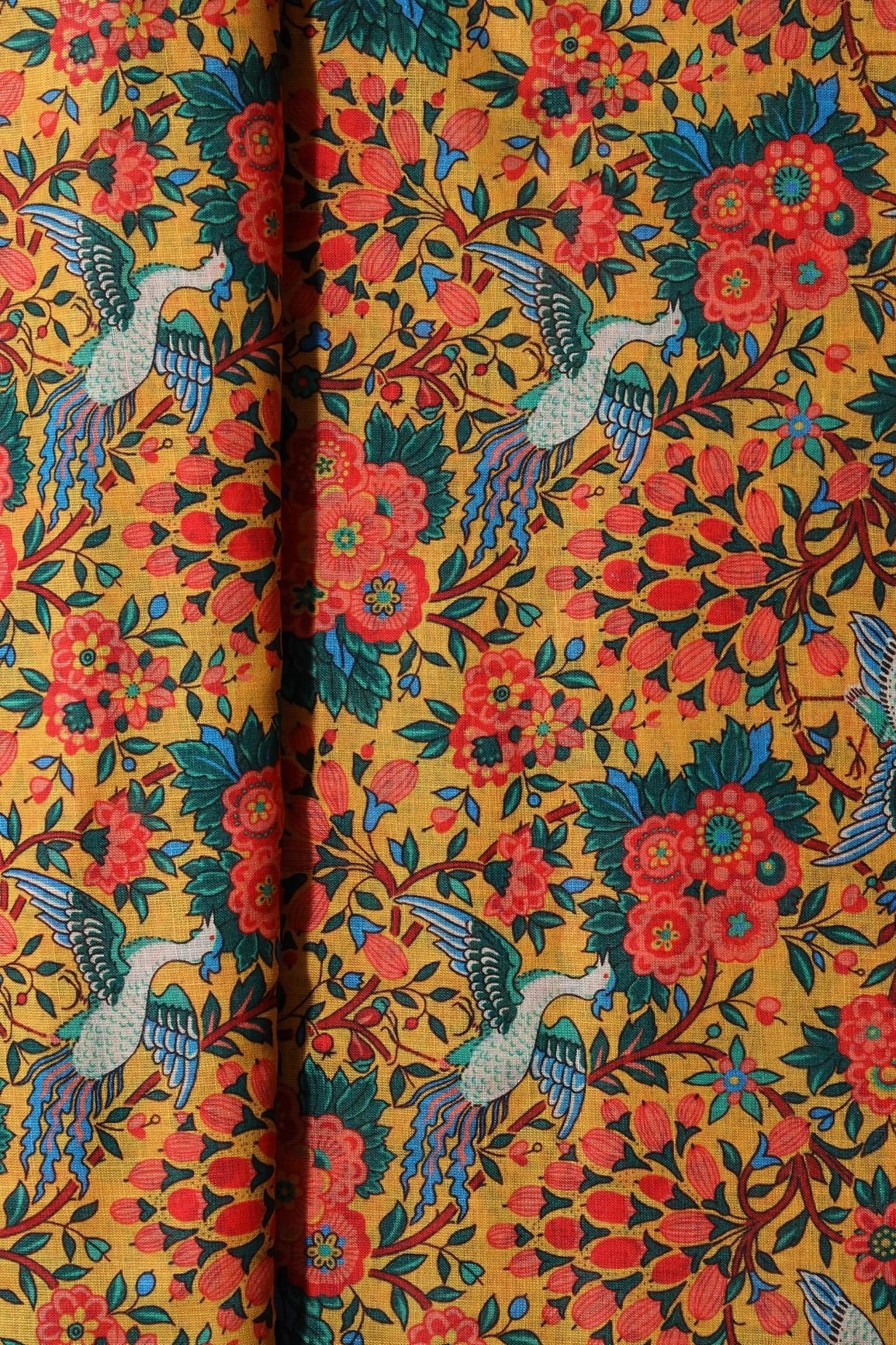 Red And Yellow Floral Digital Print On Poly Linen Fabric - doeraa