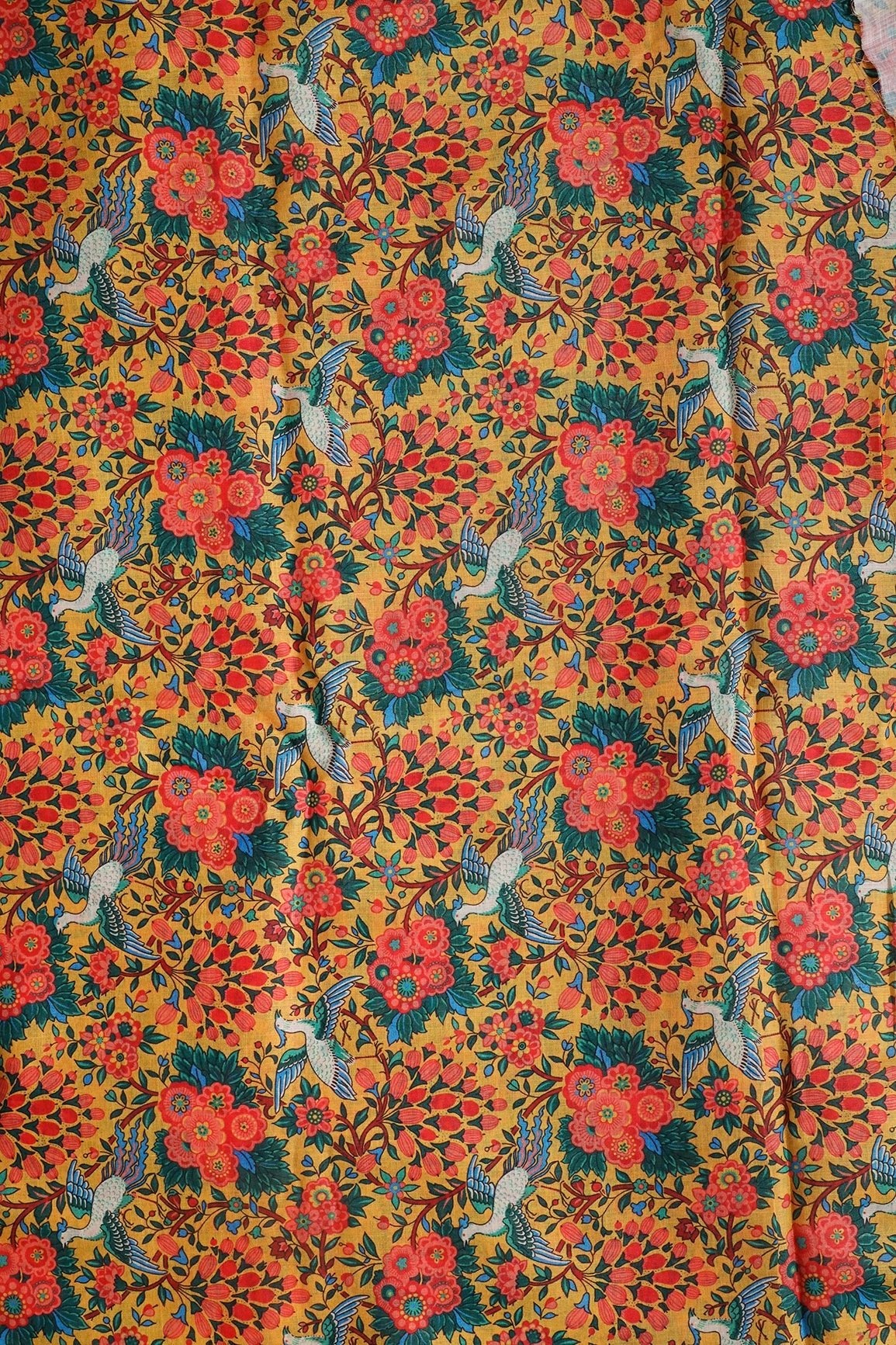 Red And Yellow Floral Digital Print On Poly Linen Fabric - doeraa