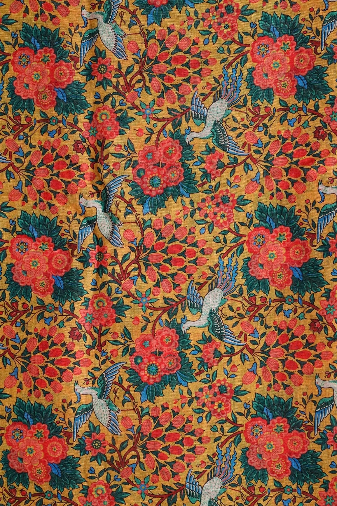Red And Yellow Floral Digital Print On Poly Linen Fabric - doeraa