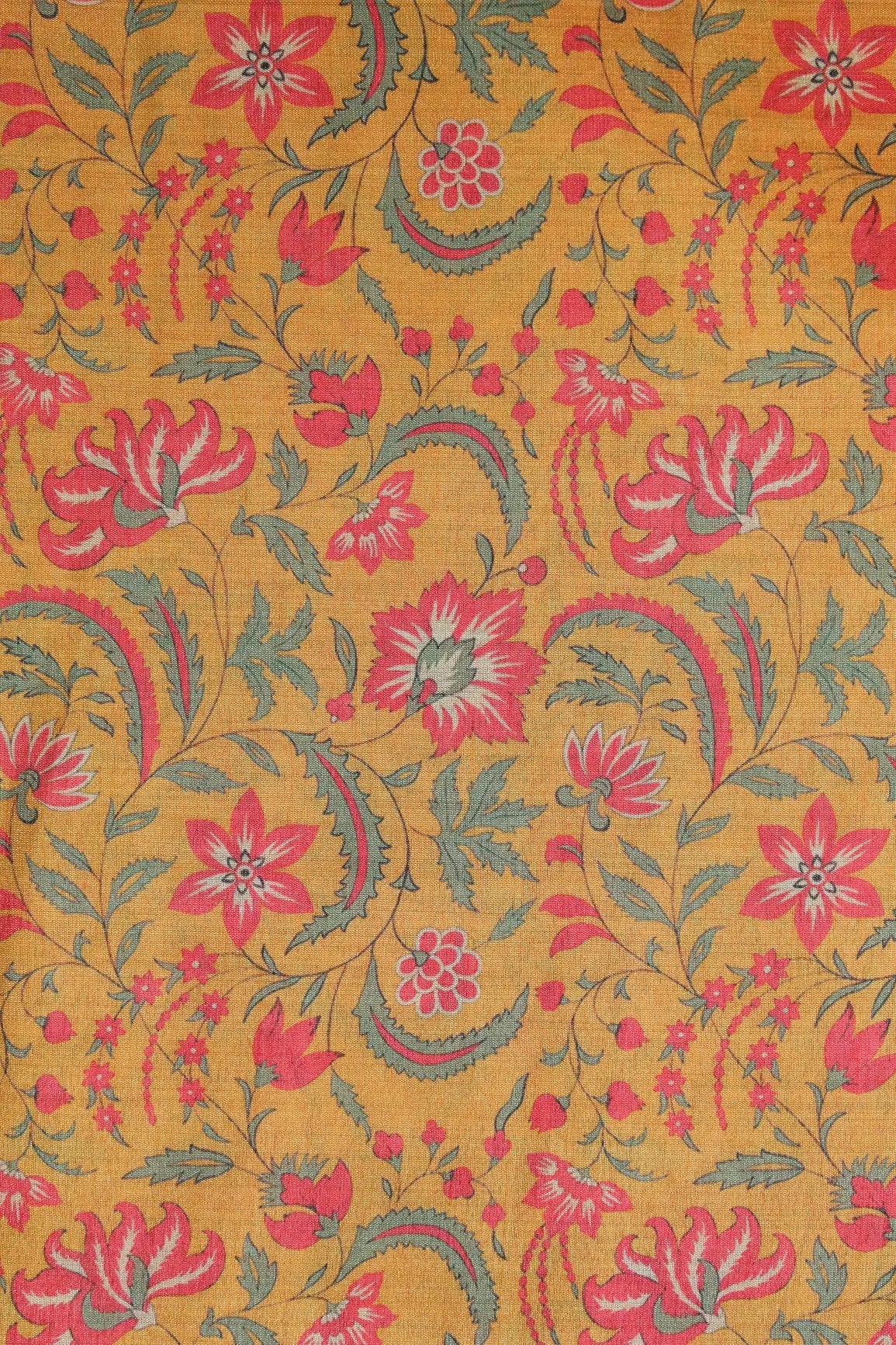 Red And Yellow Floral Pattern Digital Print On Mulberry Silk Fabric - doeraa