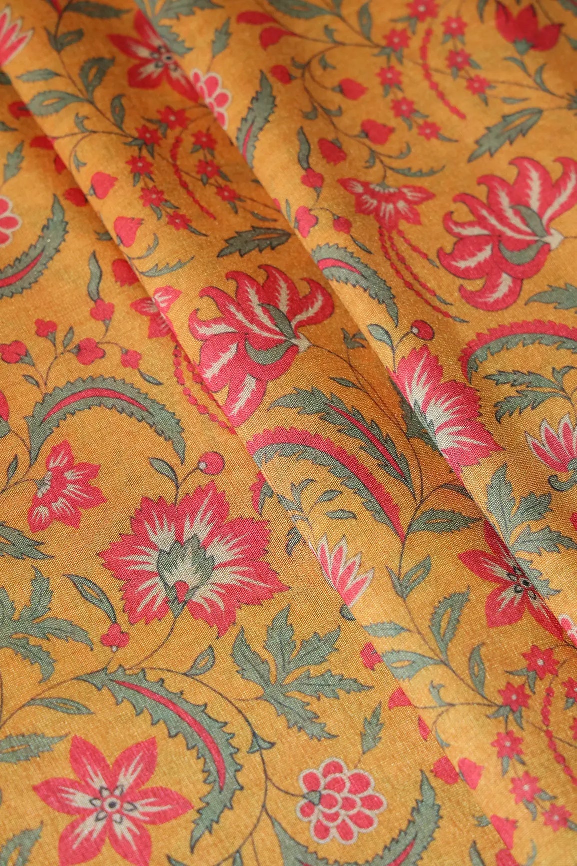 Red And Yellow Floral Pattern Digital Print On Mulberry Silk Fabric - doeraa