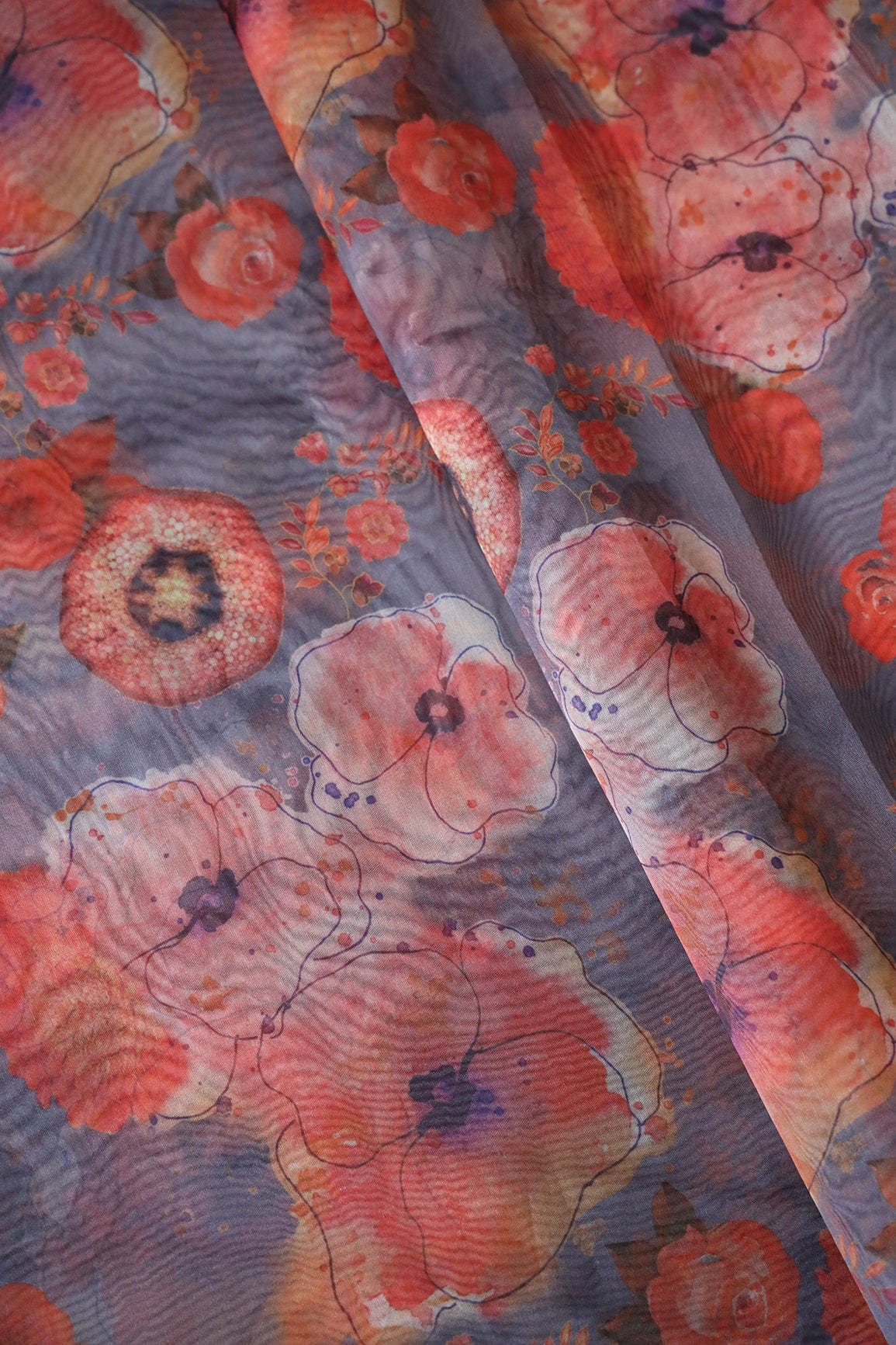 Red Beautiful Floral Digital Print On Grey Organza Fabric - doeraa