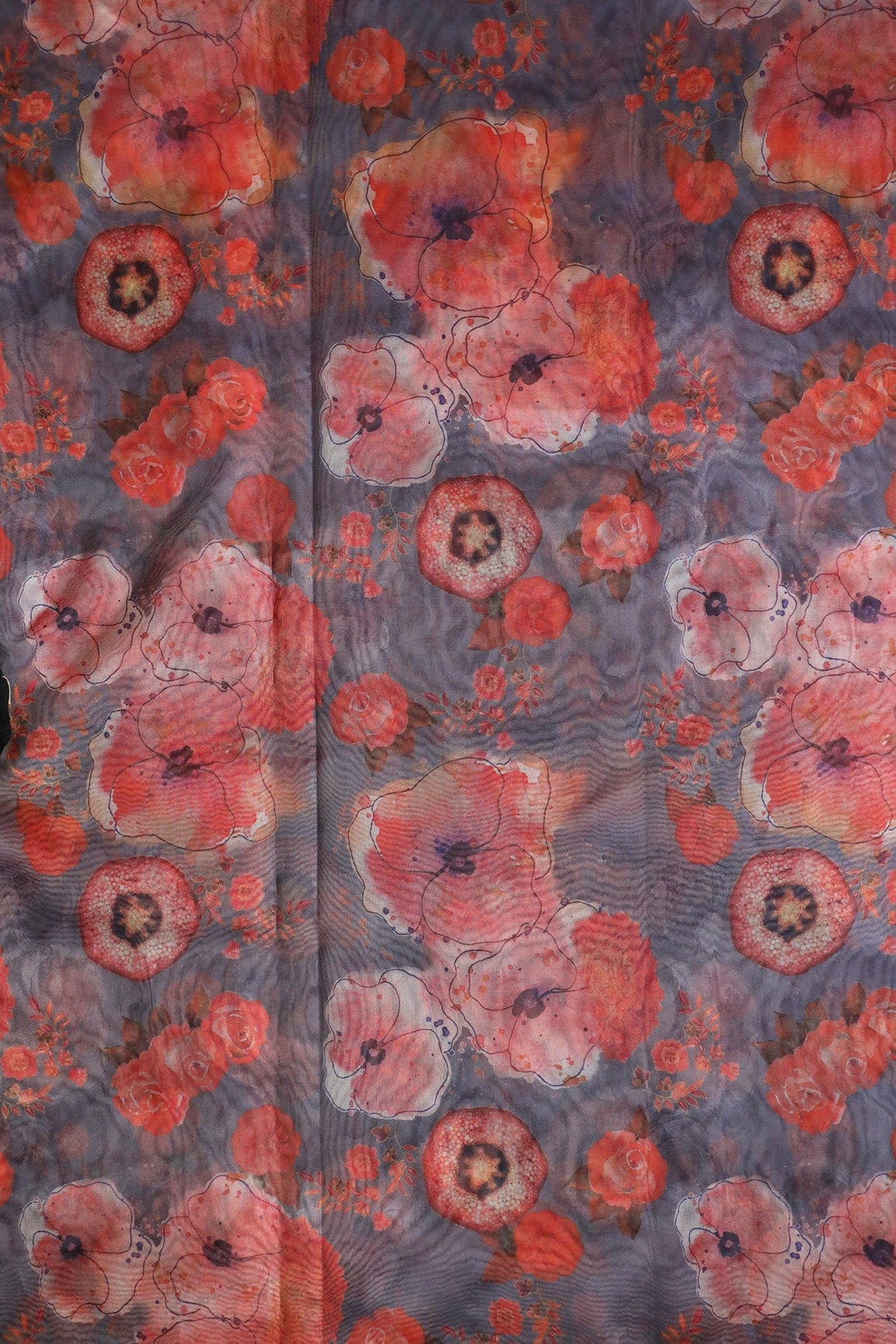 Red Beautiful Floral Digital Print On Grey Organza Fabric - doeraa