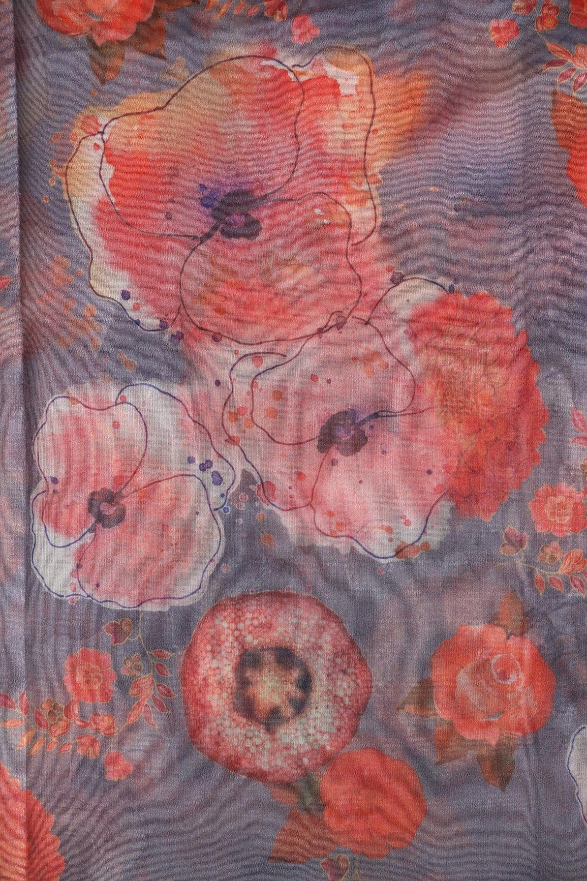 Red Beautiful Floral Digital Print On Grey Organza Fabric - doeraa
