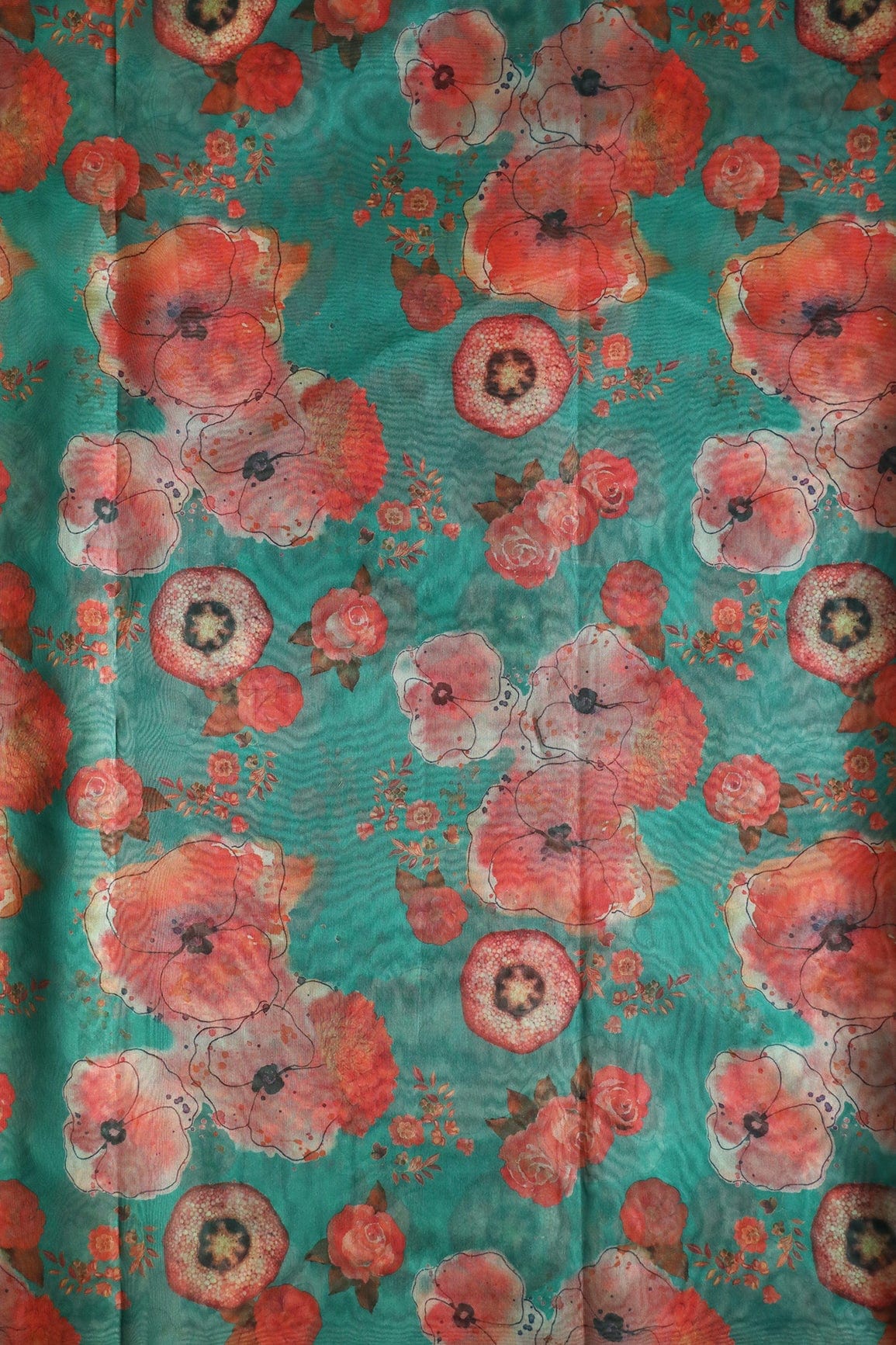 Red Beautiful Floral Digital Print On Pine Green Organza Fabric - doeraa