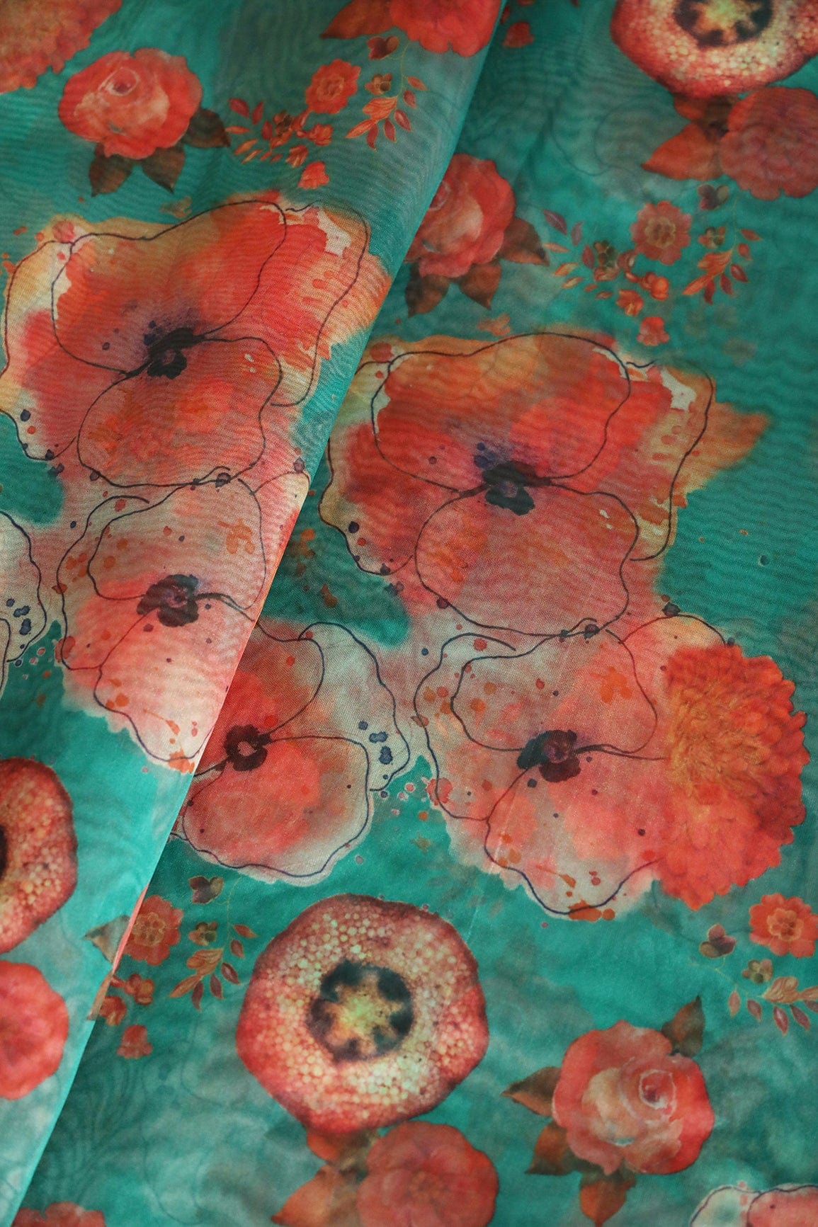Red Beautiful Floral Digital Print On Pine Green Organza Fabric - doeraa