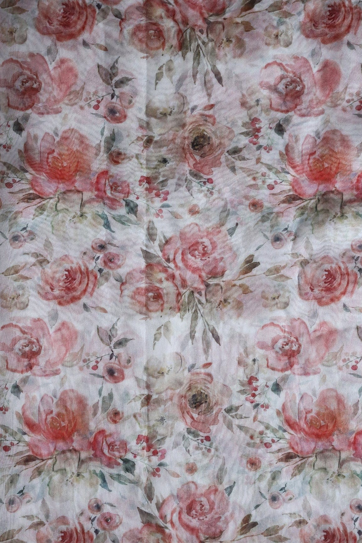 Red Beautiful Floral Digital Print On White Organza Fabric - doeraa