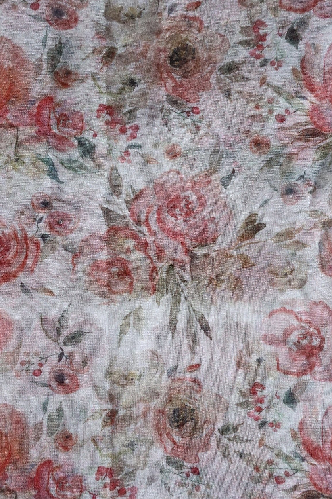 Red Beautiful Floral Digital Print On White Organza Fabric - doeraa