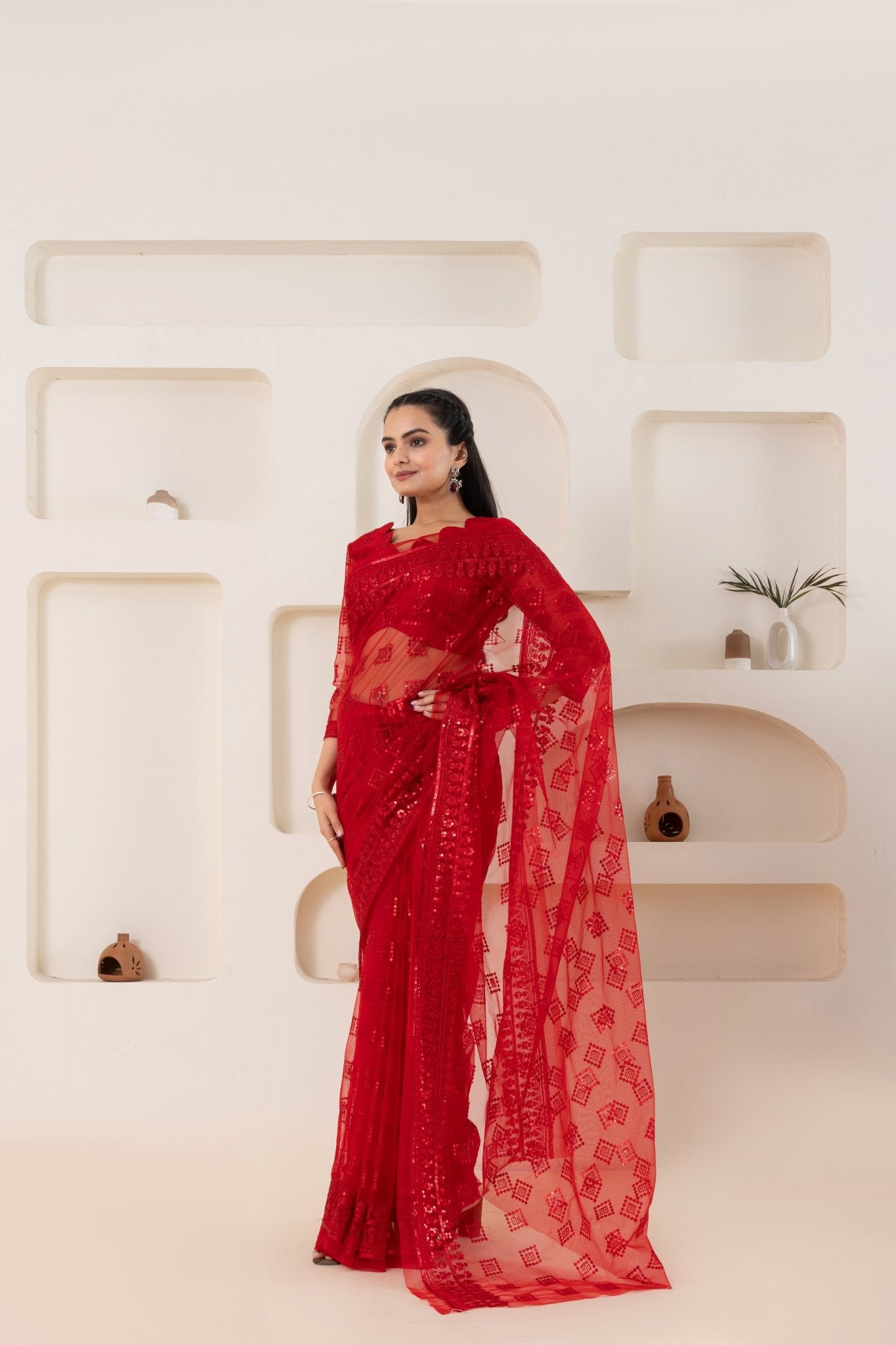 Red Checks Embroidery Saree Set (Saree With Blouse Piece) - doeraa