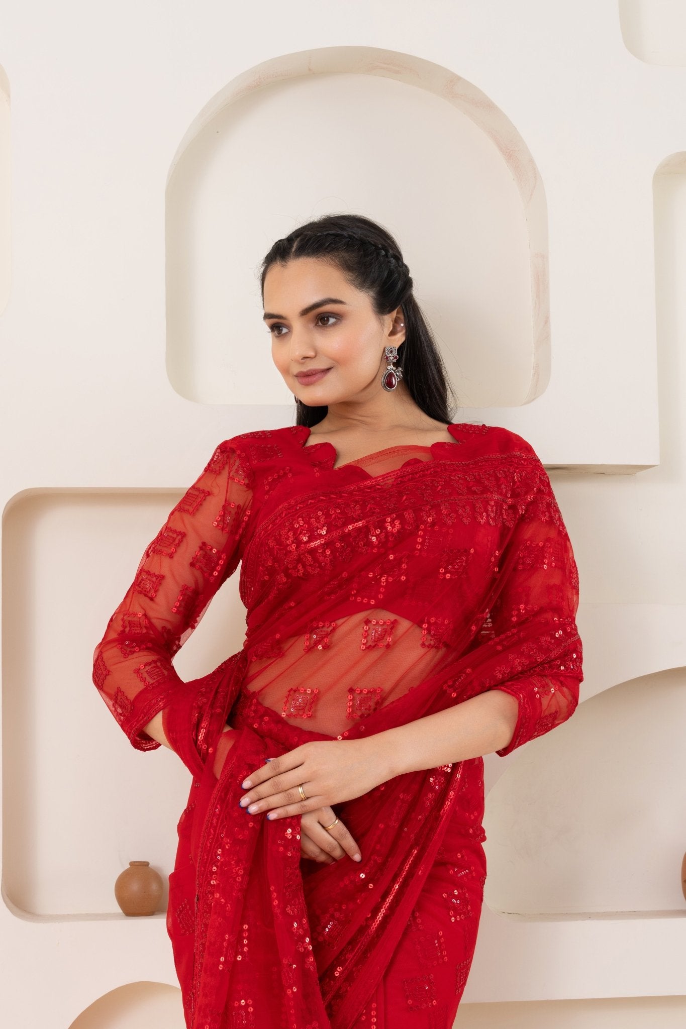 Red Checks Embroidery Saree Set (Saree With Blouse Piece) - doeraa