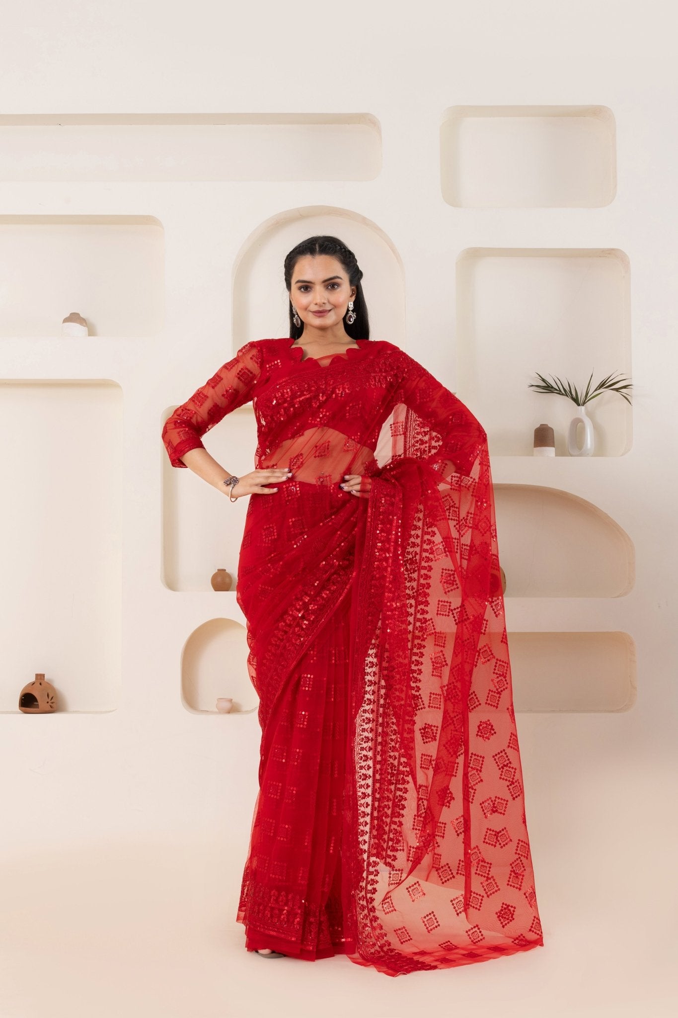 Red Checks Embroidery Saree Set (Saree With Blouse Piece) - doeraa